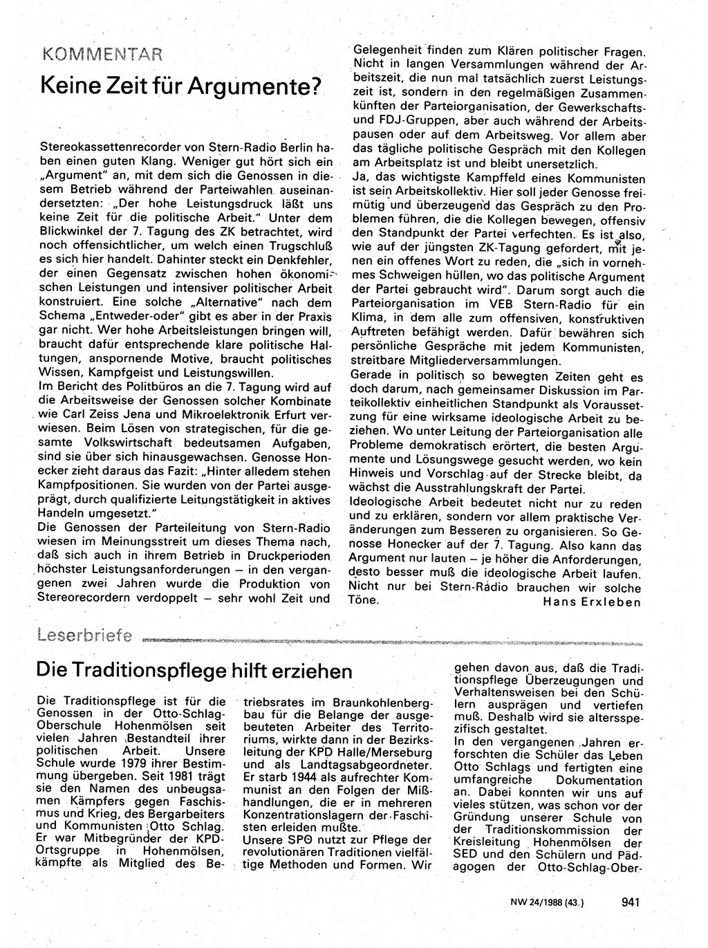 Neuer Weg (NW), Organ des Zentralkomitees (ZK) der SED (Sozialistische Einheitspartei Deutschlands) für Fragen des Parteilebens, 43. Jahrgang [Deutsche Demokratische Republik (DDR)] 1988, Seite 941 (NW ZK SED DDR 1988, S. 941)