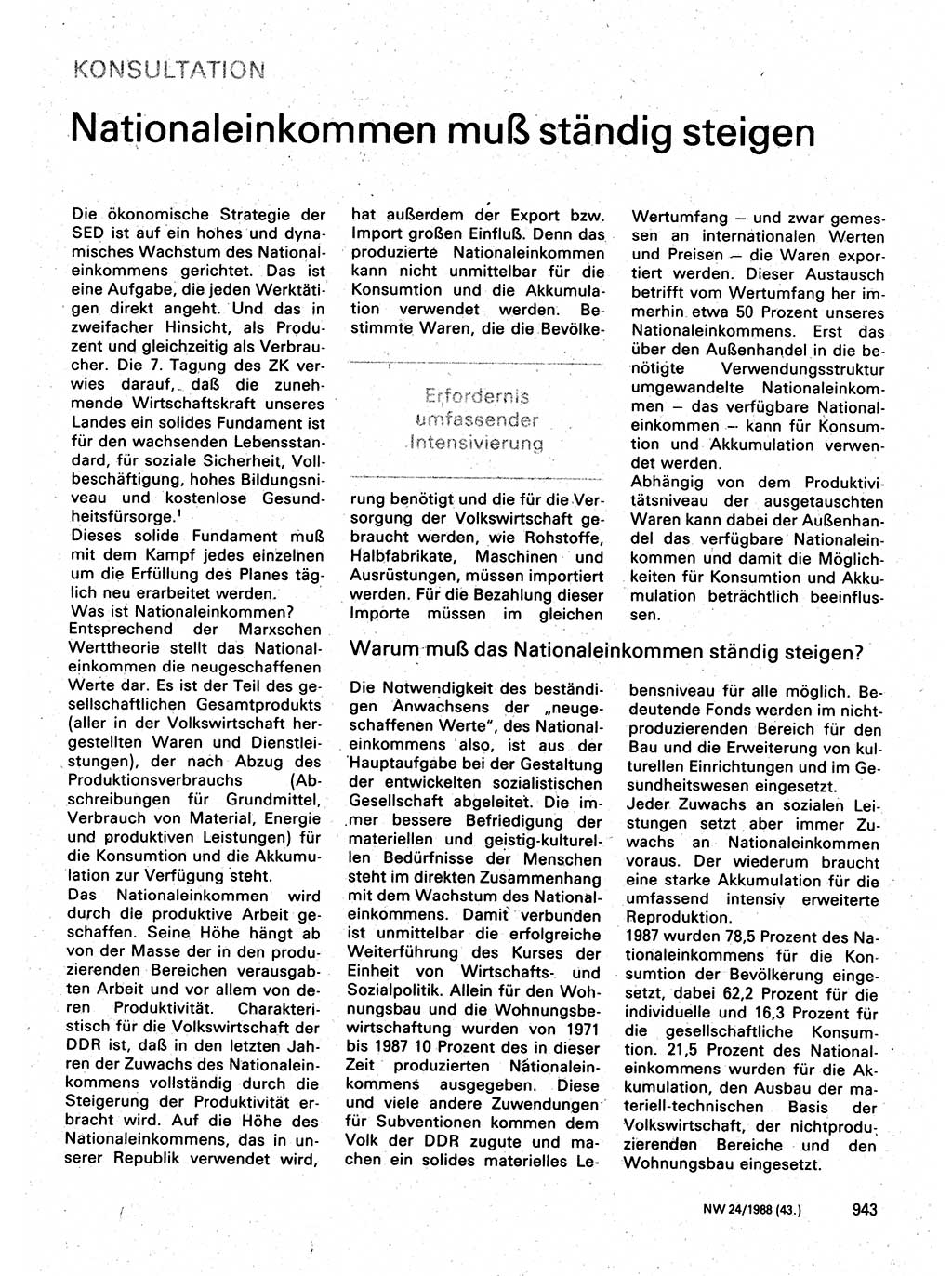 Neuer Weg (NW), Organ des Zentralkomitees (ZK) der SED (Sozialistische Einheitspartei Deutschlands) für Fragen des Parteilebens, 43. Jahrgang [Deutsche Demokratische Republik (DDR)] 1988, Seite 943 (NW ZK SED DDR 1988, S. 943)
