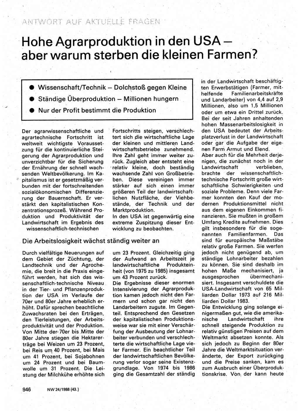 Neuer Weg (NW), Organ des Zentralkomitees (ZK) der SED (Sozialistische Einheitspartei Deutschlands) für Fragen des Parteilebens, 43. Jahrgang [Deutsche Demokratische Republik (DDR)] 1988, Seite 946 (NW ZK SED DDR 1988, S. 946)