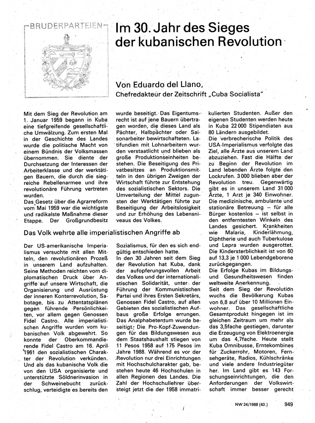 Neuer Weg (NW), Organ des Zentralkomitees (ZK) der SED (Sozialistische Einheitspartei Deutschlands) für Fragen des Parteilebens, 43. Jahrgang [Deutsche Demokratische Republik (DDR)] 1988, Seite 949 (NW ZK SED DDR 1988, S. 949)