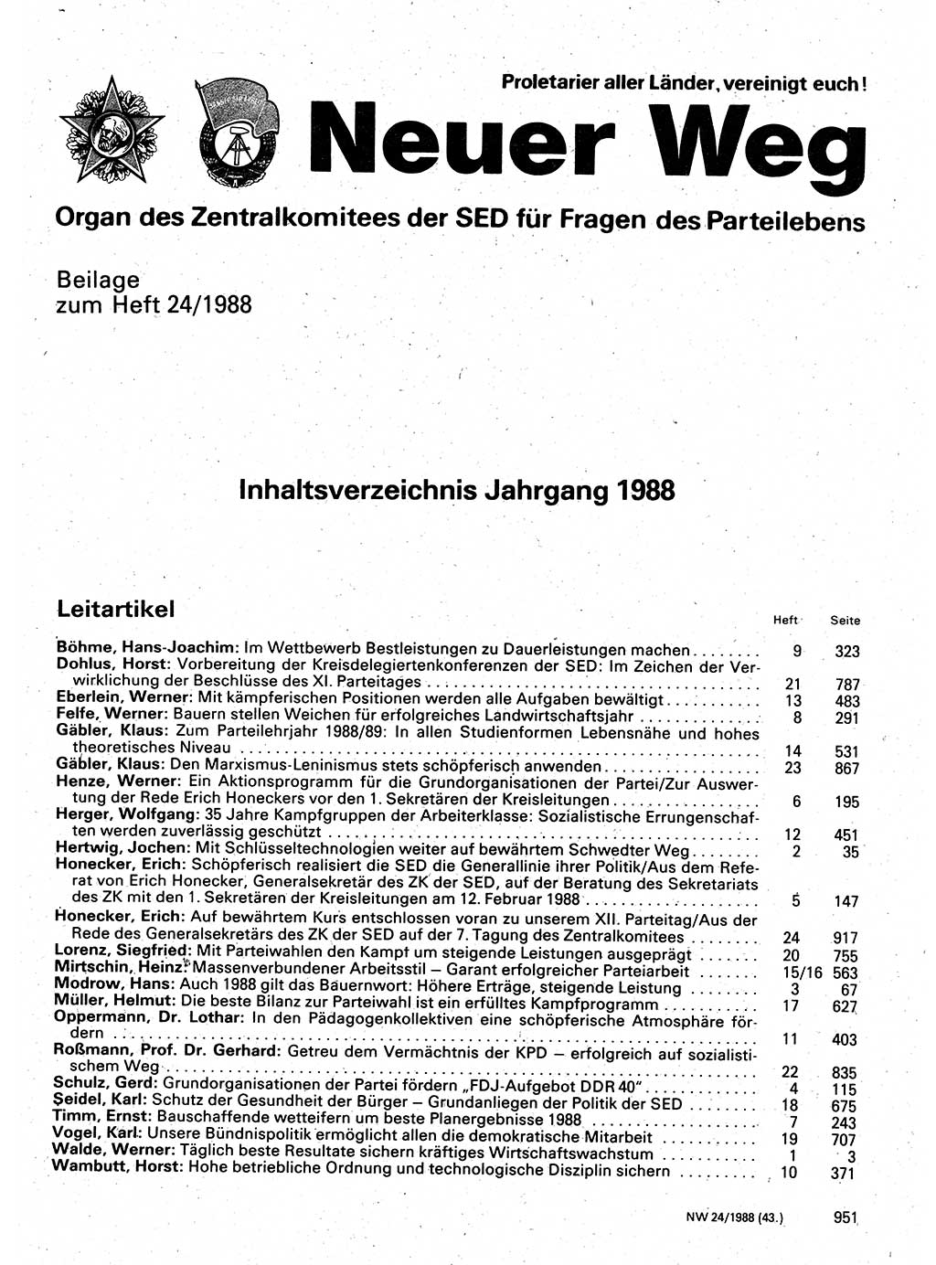 Neuer Weg (NW), Organ des Zentralkomitees (ZK) der SED (Sozialistische Einheitspartei Deutschlands) für Fragen des Parteilebens, 43. Jahrgang [Deutsche Demokratische Republik (DDR)] 1988, Seite 951 (NW ZK SED DDR 1988, S. 951)