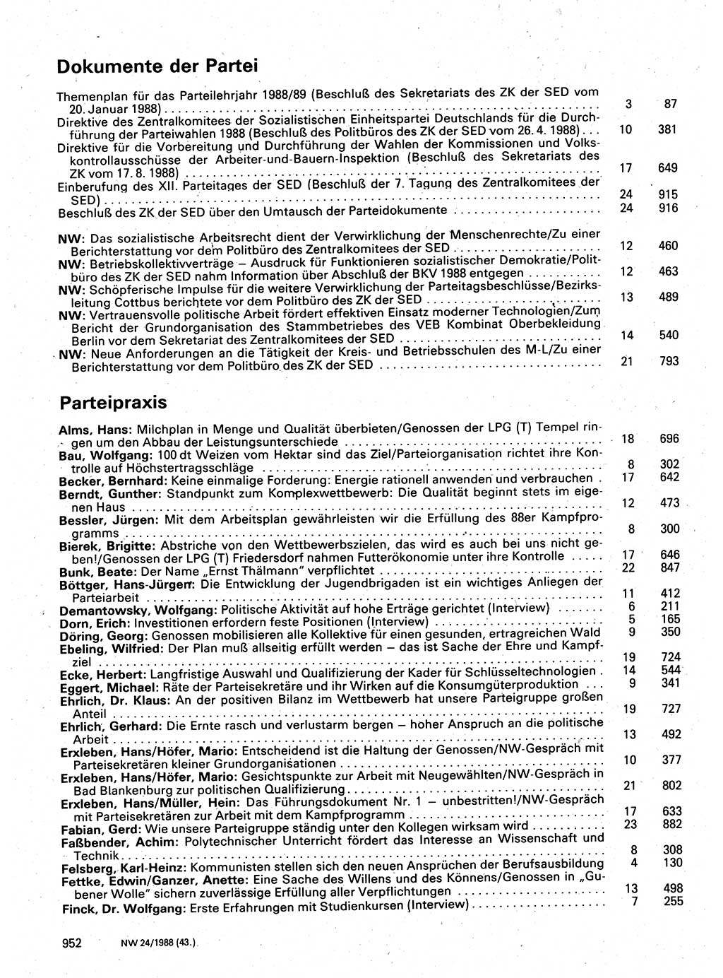 Neuer Weg (NW), Organ des Zentralkomitees (ZK) der SED (Sozialistische Einheitspartei Deutschlands) für Fragen des Parteilebens, 43. Jahrgang [Deutsche Demokratische Republik (DDR)] 1988, Seite 952 (NW ZK SED DDR 1988, S. 952)