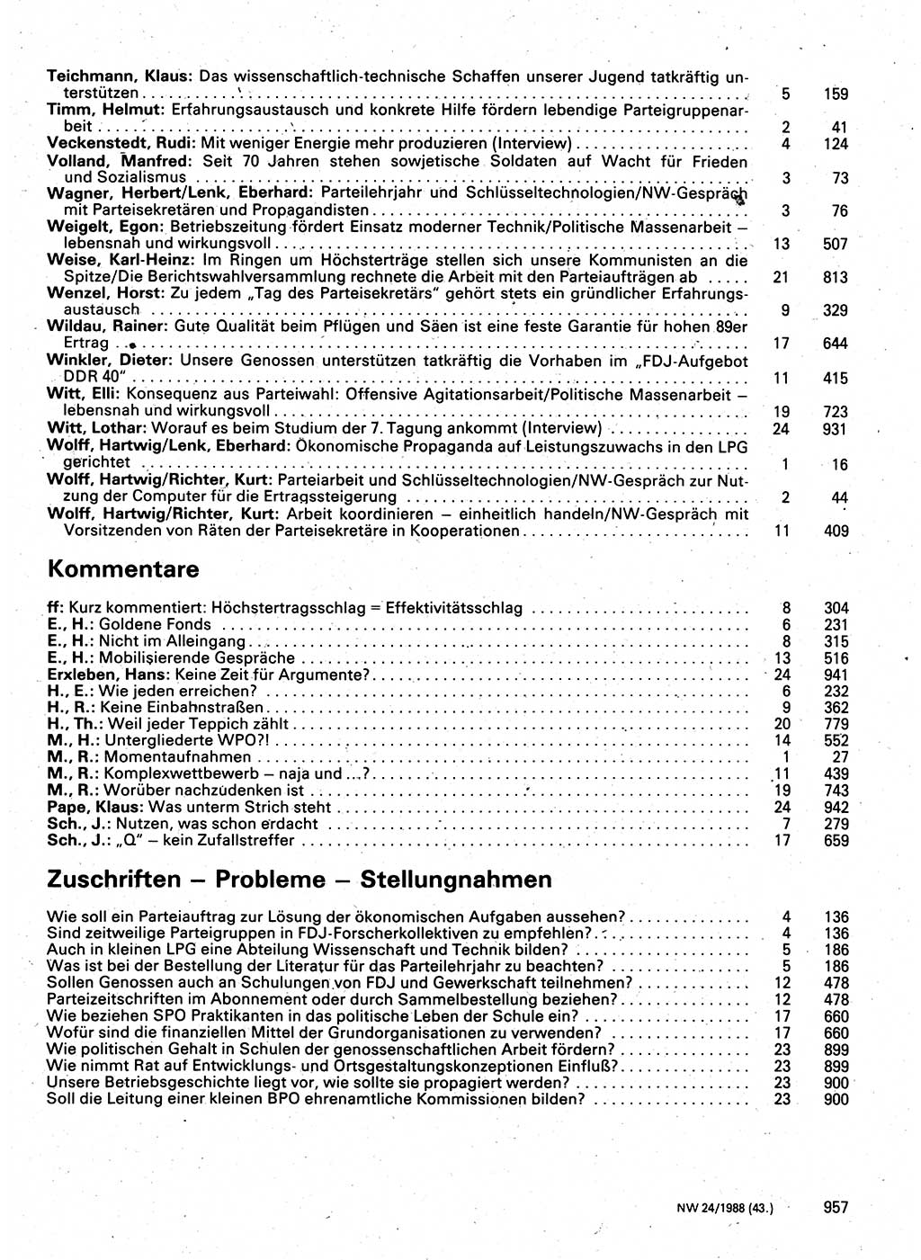 Neuer Weg (NW), Organ des Zentralkomitees (ZK) der SED (Sozialistische Einheitspartei Deutschlands) für Fragen des Parteilebens, 43. Jahrgang [Deutsche Demokratische Republik (DDR)] 1988, Seite 957 (NW ZK SED DDR 1988, S. 957)