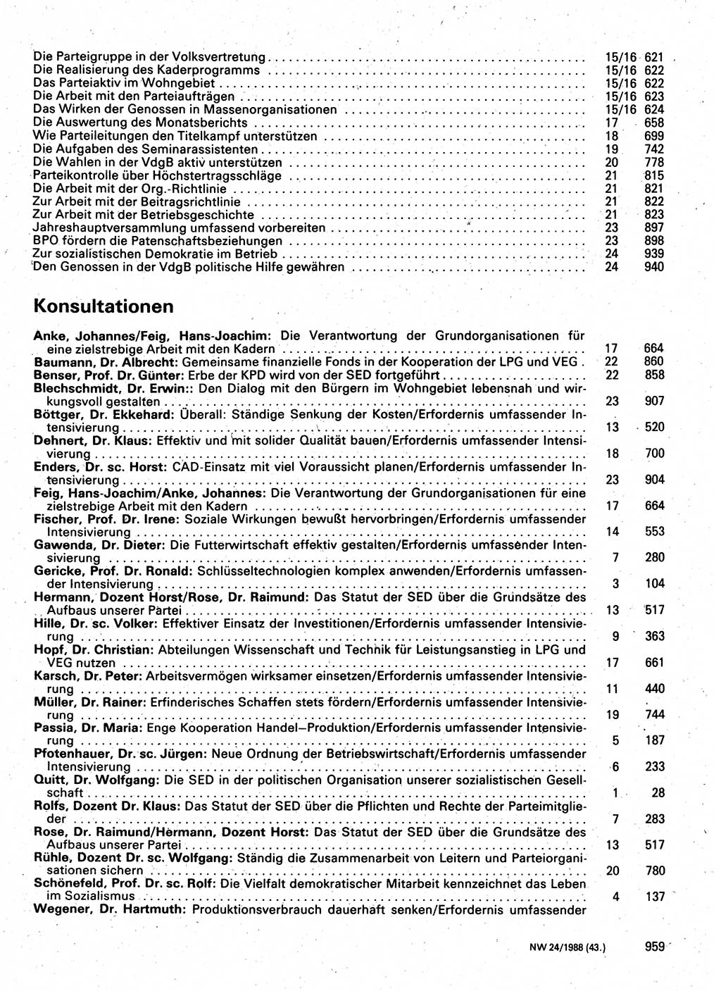 Neuer Weg (NW), Organ des Zentralkomitees (ZK) der SED (Sozialistische Einheitspartei Deutschlands) für Fragen des Parteilebens, 43. Jahrgang [Deutsche Demokratische Republik (DDR)] 1988, Seite 959 (NW ZK SED DDR 1988, S. 959)