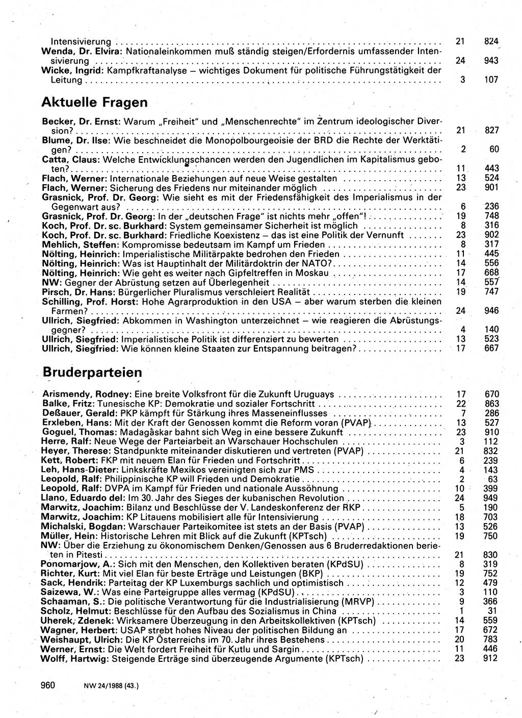 Neuer Weg (NW), Organ des Zentralkomitees (ZK) der SED (Sozialistische Einheitspartei Deutschlands) für Fragen des Parteilebens, 43. Jahrgang [Deutsche Demokratische Republik (DDR)] 1988, Seite 960 (NW ZK SED DDR 1988, S. 960)