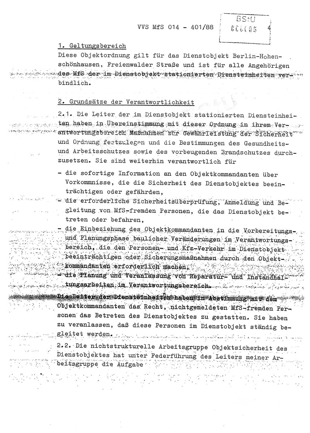 Ordnung Nr. Ⅸ/1/88 zur Gewährleistung von Sicherheit und Ordnung für das Objekt Berlin-Hohenschönhausen, Freienwalder Straße - Objektordnung -, Ministerium für Staatssicherheit (MfS) [Deutsche Demokratische Republik (DDR)], Hauptabteilung (HA) Ⅸ, Leiter, Verantwortlicher für das Dienstobjekt (DO) Berlin-Hohenschönhausen, Freienwalder Straße, Vertrauliche Verschlußsache (VVS) o014-407/82, Berlin 1988, Seite 4 (Obj.-Ordn. Ⅸ/1/88 DO Bln.-HsH. MfS DDR HA Ⅸ Ltr. VVS o014-401/88 1988, S. 4)