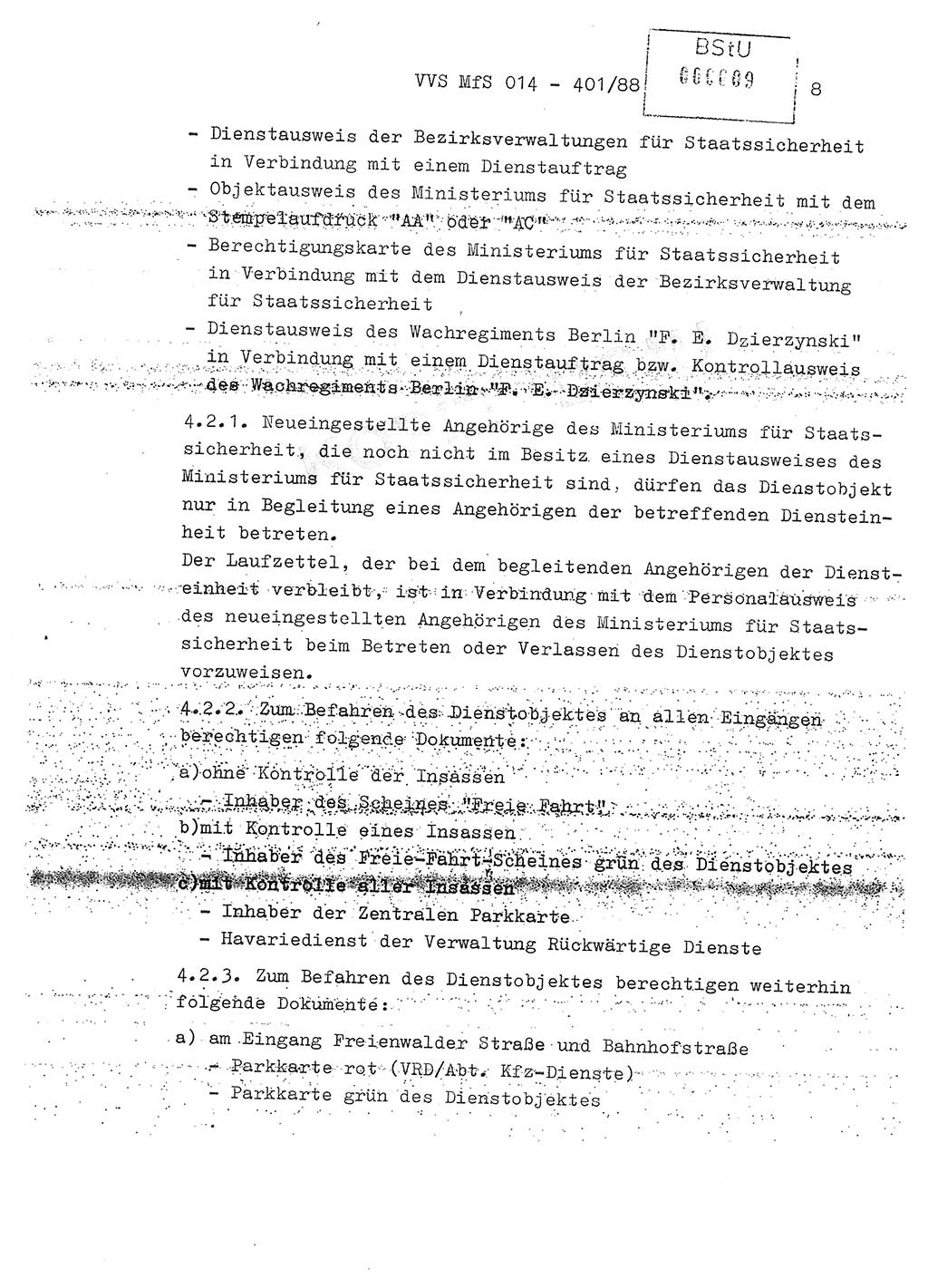 Ordnung Nr. Ⅸ/1/88 zur Gewährleistung von Sicherheit und Ordnung für das Objekt Berlin-Hohenschönhausen, Freienwalder Straße - Objektordnung -, Ministerium für Staatssicherheit (MfS) [Deutsche Demokratische Republik (DDR)], Hauptabteilung (HA) Ⅸ, Leiter, Verantwortlicher für das Dienstobjekt (DO) Berlin-Hohenschönhausen, Freienwalder Straße, Vertrauliche Verschlußsache (VVS) o014-407/82, Berlin 1988, Seite 8 (Obj.-Ordn. Ⅸ/1/88 DO Bln.-HsH. MfS DDR HA Ⅸ Ltr. VVS o014-401/88 1988, S. 8)