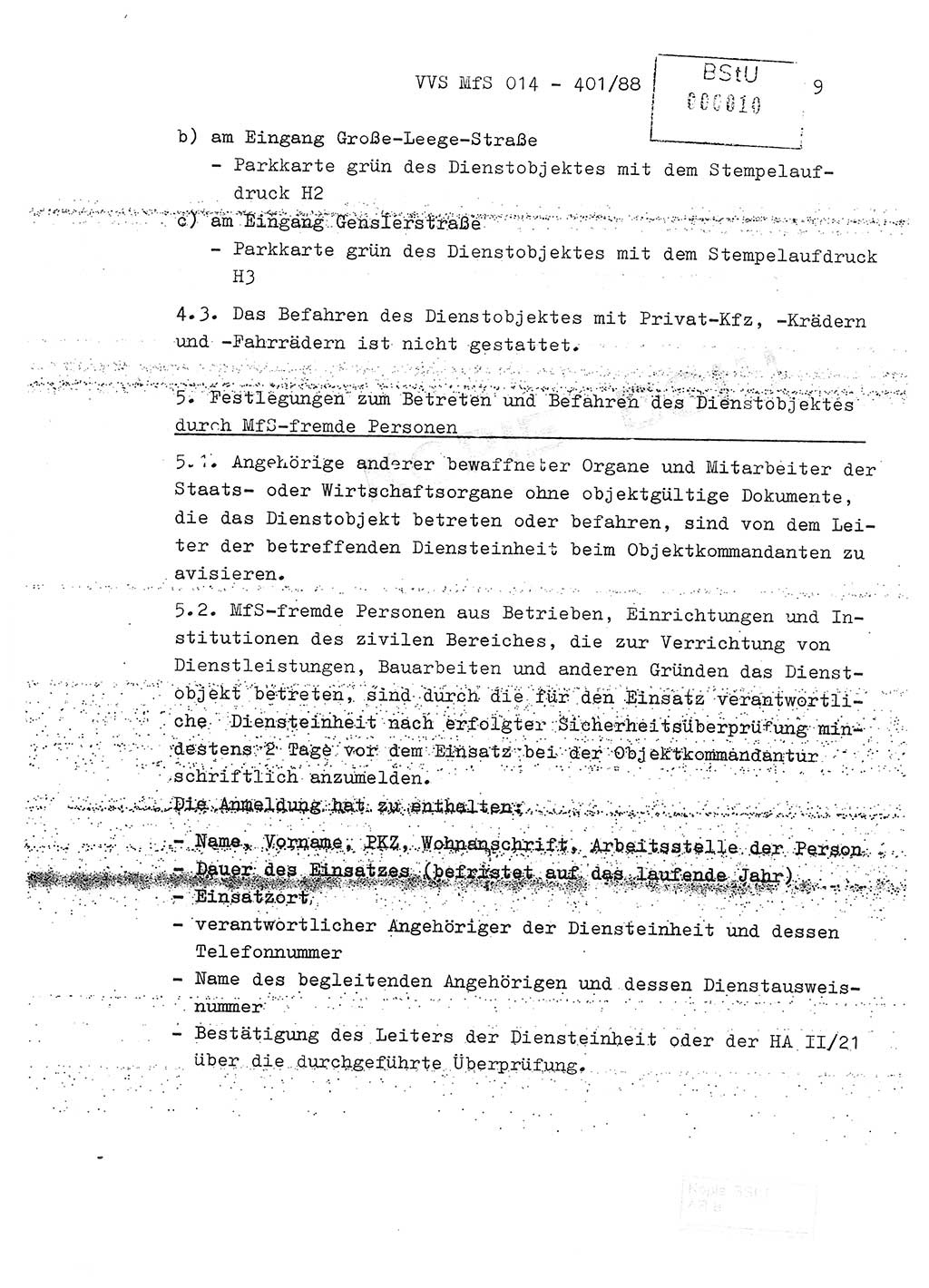 Ordnung Nr. Ⅸ/1/88 zur Gewährleistung von Sicherheit und Ordnung für das Objekt Berlin-Hohenschönhausen, Freienwalder Straße - Objektordnung -, Ministerium für Staatssicherheit (MfS) [Deutsche Demokratische Republik (DDR)], Hauptabteilung (HA) Ⅸ, Leiter, Verantwortlicher für das Dienstobjekt (DO) Berlin-Hohenschönhausen, Freienwalder Straße, Vertrauliche Verschlußsache (VVS) o014-407/82, Berlin 1988, Seite 9 (Obj.-Ordn. Ⅸ/1/88 DO Bln.-HsH. MfS DDR HA Ⅸ Ltr. VVS o014-401/88 1988, S. 9)