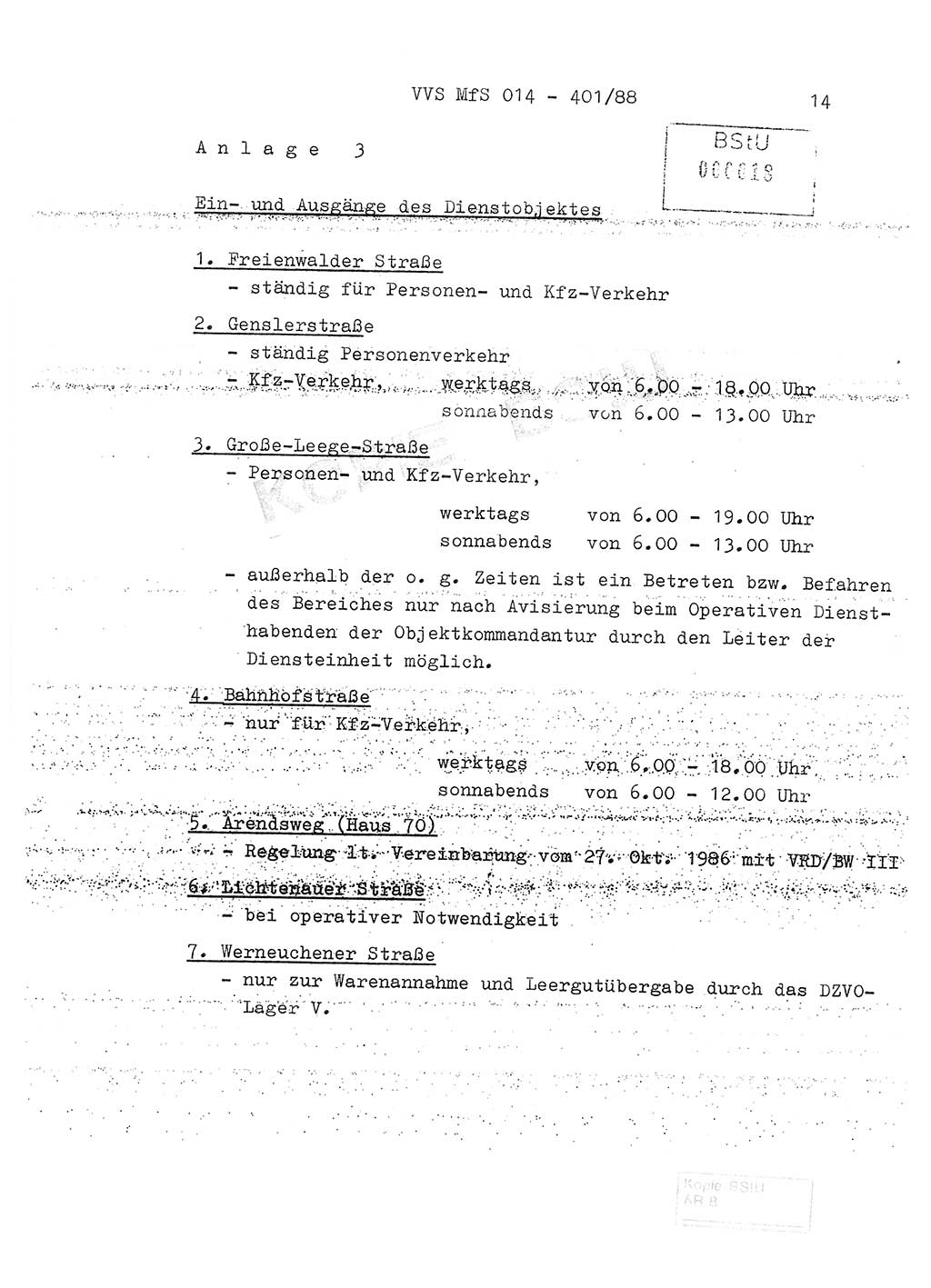 Ordnung Nr. Ⅸ/1/88 zur Gewährleistung von Sicherheit und Ordnung für das Objekt Berlin-Hohenschönhausen, Freienwalder Straße - Objektordnung -, Ministerium für Staatssicherheit (MfS) [Deutsche Demokratische Republik (DDR)], Hauptabteilung (HA) Ⅸ, Leiter, Verantwortlicher für das Dienstobjekt (DO) Berlin-Hohenschönhausen, Freienwalder Straße, Vertrauliche Verschlußsache (VVS) o014-407/82, Berlin 1988, Seite 14 (Obj.-Ordn. Ⅸ/1/88 DO Bln.-HsH. MfS DDR HA Ⅸ Ltr. VVS o014-401/88 1988, S. 14)