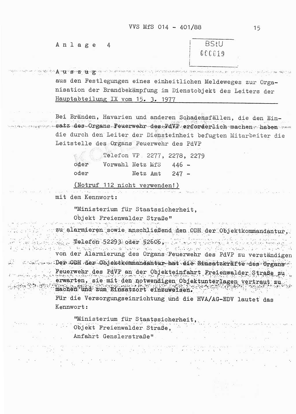 Ordnung Nr. Ⅸ/1/88 zur Gewährleistung von Sicherheit und Ordnung für das Objekt Berlin-Hohenschönhausen, Freienwalder Straße - Objektordnung -, Ministerium für Staatssicherheit (MfS) [Deutsche Demokratische Republik (DDR)], Hauptabteilung (HA) Ⅸ, Leiter, Verantwortlicher für das Dienstobjekt (DO) Berlin-Hohenschönhausen, Freienwalder Straße, Vertrauliche Verschlußsache (VVS) o014-407/82, Berlin 1988, Seite 15 (Obj.-Ordn. Ⅸ/1/88 DO Bln.-HsH. MfS DDR HA Ⅸ Ltr. VVS o014-401/88 1988, S. 15)