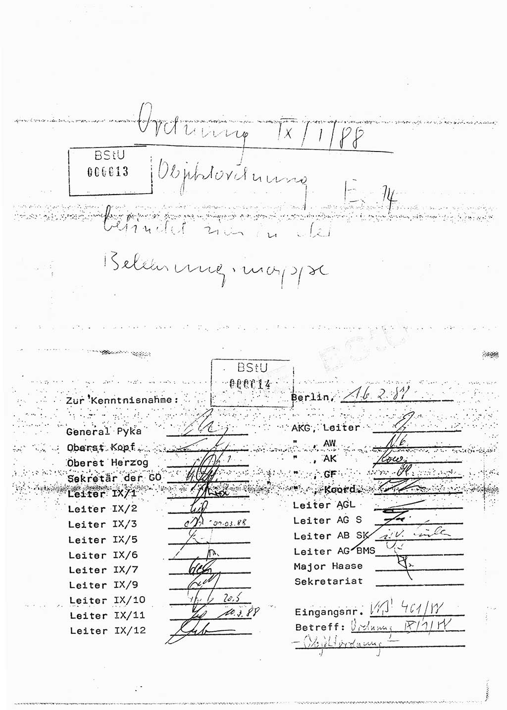 Ordnung Nr. Ⅸ/1/88 zur Gewährleistung von Sicherheit und Ordnung für das Objekt Berlin-Hohenschönhausen, Freienwalder Straße - Objektordnung -, Ministerium für Staatssicherheit (MfS) [Deutsche Demokratische Republik (DDR)], Hauptabteilung (HA) Ⅸ, Leiter, Verantwortlicher für das Dienstobjekt (DO) Berlin-Hohenschönhausen, Freienwalder Straße, Vertrauliche Verschlußsache (VVS) o014-407/82, Berlin 1988, Seite 17 (Obj.-Ordn. Ⅸ/1/88 DO Bln.-HsH. MfS DDR HA Ⅸ Ltr. VVS o014-401/88 1988, S. 17)