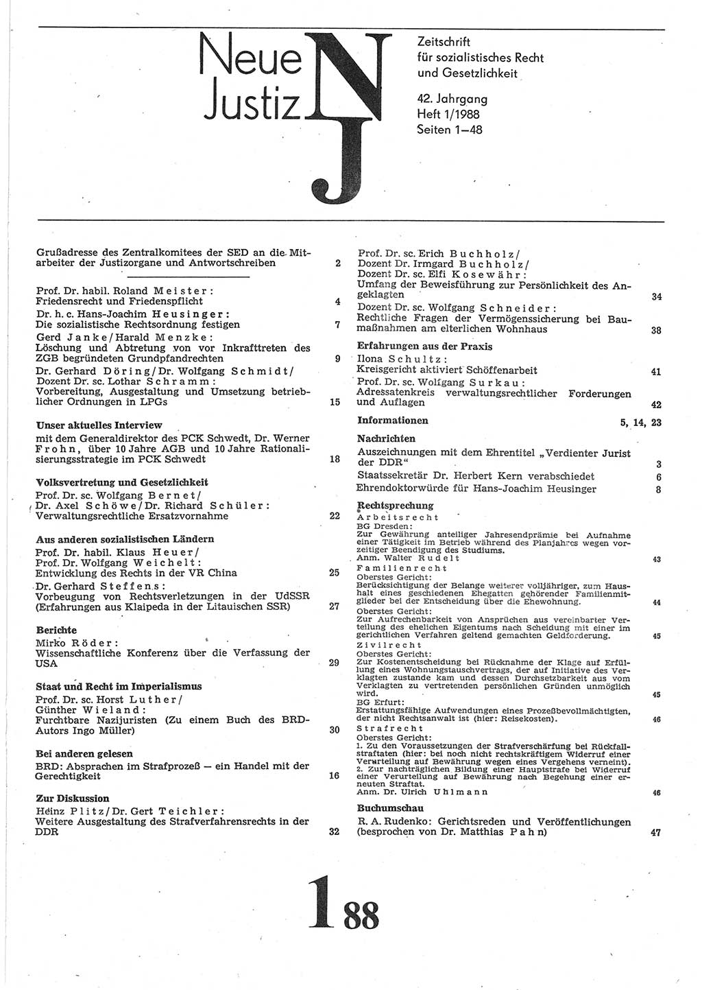 Neue Justiz (NJ), Zeitschrift für sozialistisches Recht und Gesetzlichkeit [Deutsche Demokratische Republik (DDR)], 42. Jahrgang 1988, Seite 1 (NJ DDR 1988, S. 1)