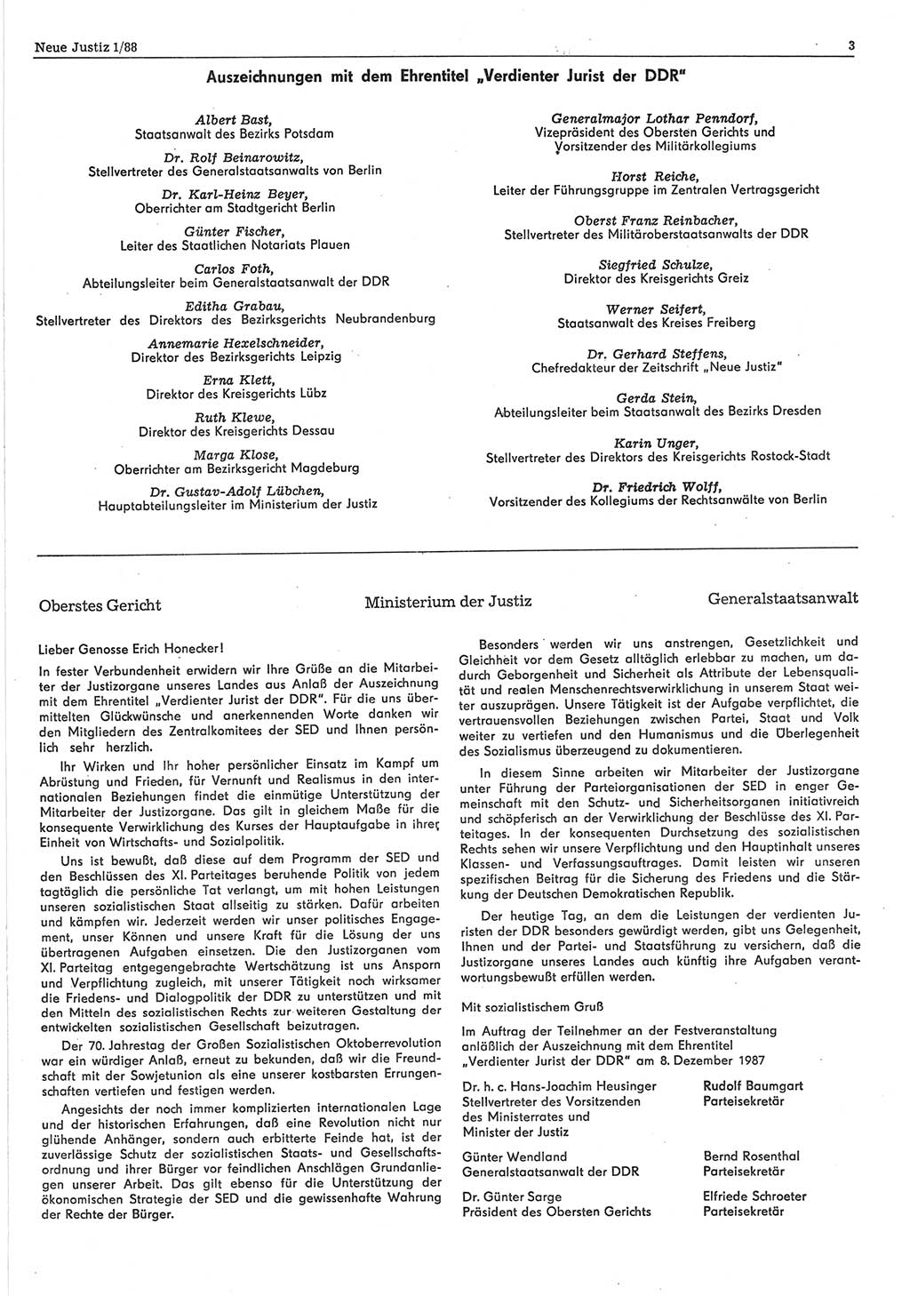 Neue Justiz (NJ), Zeitschrift für sozialistisches Recht und Gesetzlichkeit [Deutsche Demokratische Republik (DDR)], 42. Jahrgang 1988, Seite 3 (NJ DDR 1988, S. 3)