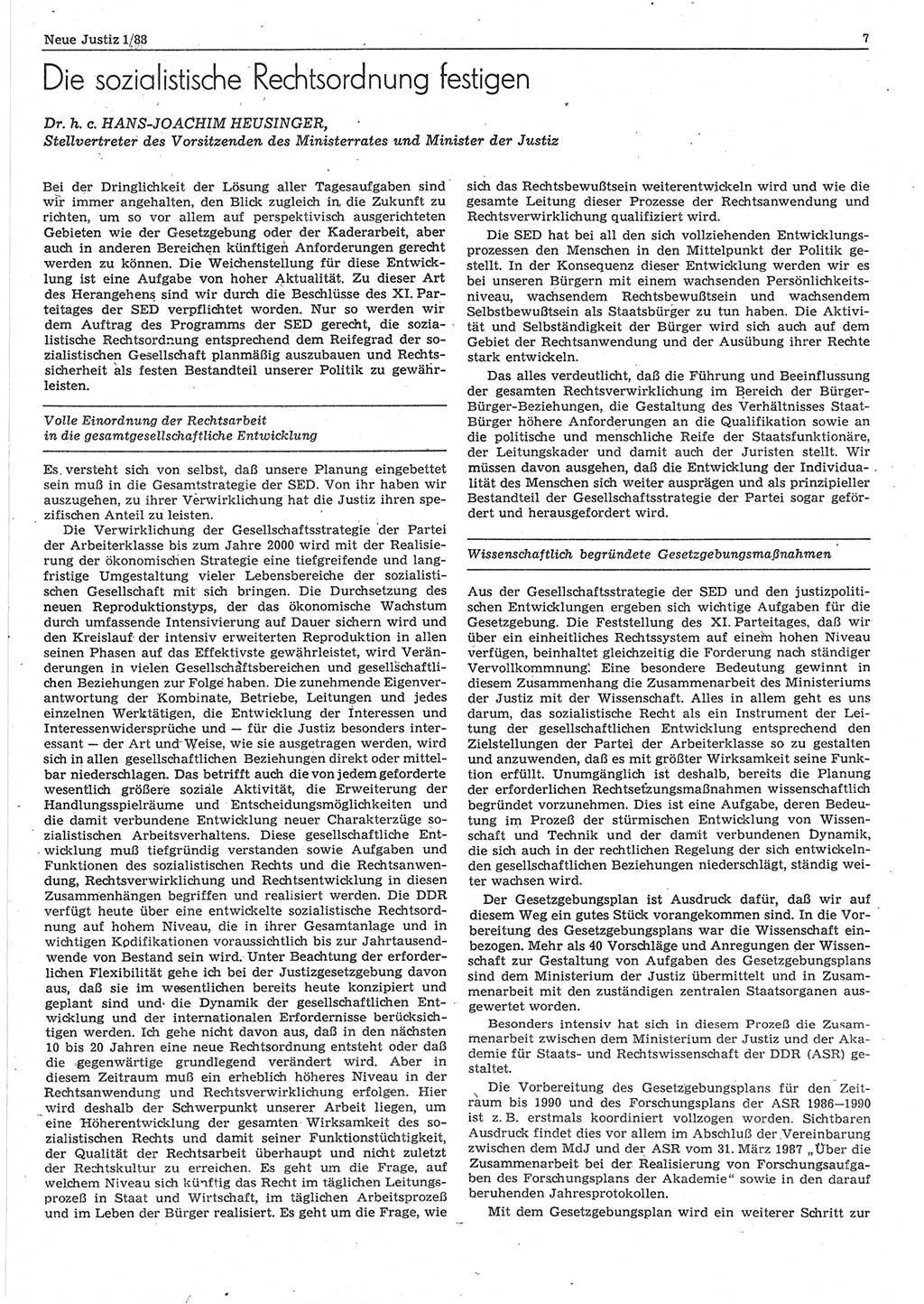Neue Justiz (NJ), Zeitschrift für sozialistisches Recht und Gesetzlichkeit [Deutsche Demokratische Republik (DDR)], 42. Jahrgang 1988, Seite 7 (NJ DDR 1988, S. 7)