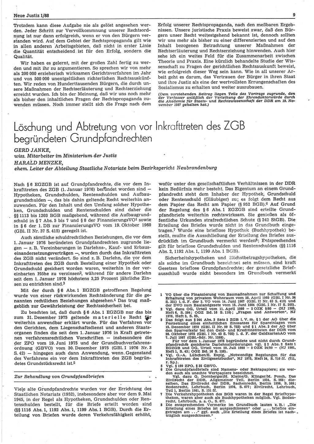 Neue Justiz (NJ), Zeitschrift für sozialistisches Recht und Gesetzlichkeit [Deutsche Demokratische Republik (DDR)], 42. Jahrgang 1988, Seite 9 (NJ DDR 1988, S. 9)