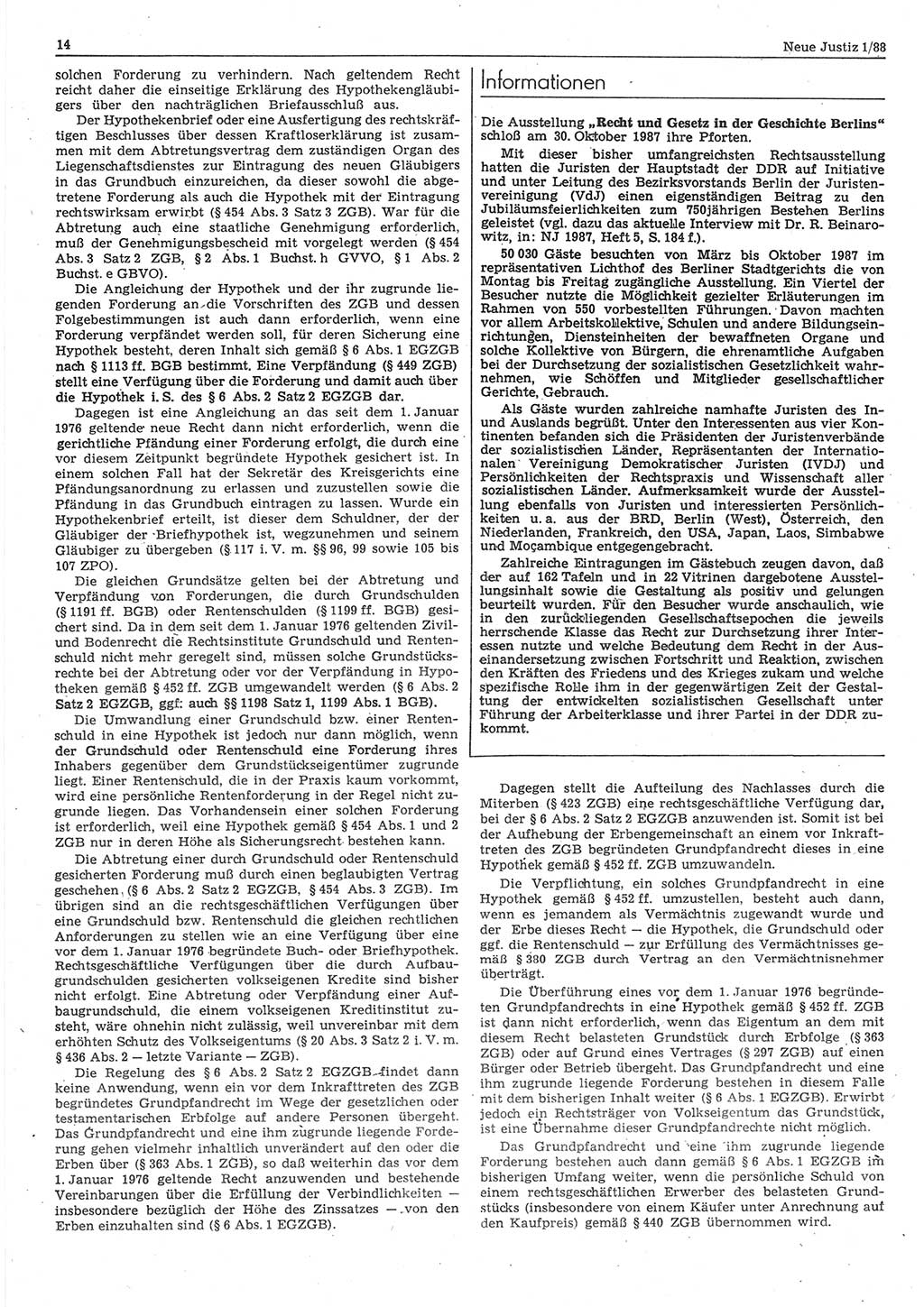 Neue Justiz (NJ), Zeitschrift für sozialistisches Recht und Gesetzlichkeit [Deutsche Demokratische Republik (DDR)], 42. Jahrgang 1988, Seite 14 (NJ DDR 1988, S. 14)