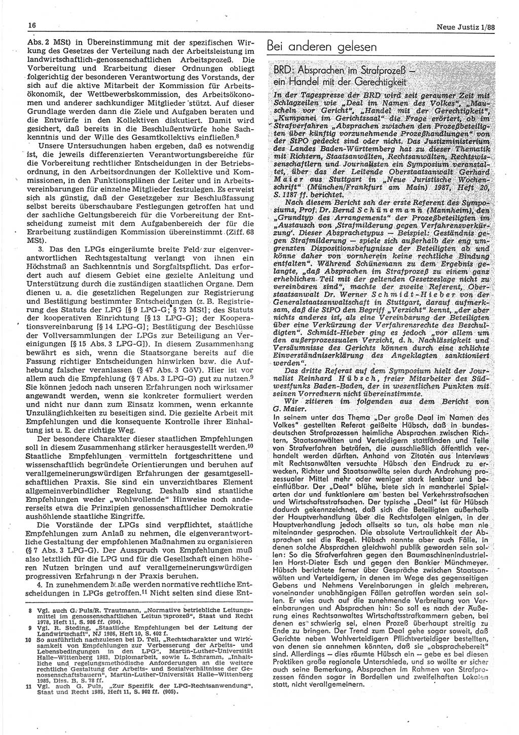 Neue Justiz (NJ), Zeitschrift für sozialistisches Recht und Gesetzlichkeit [Deutsche Demokratische Republik (DDR)], 42. Jahrgang 1988, Seite 16 (NJ DDR 1988, S. 16)