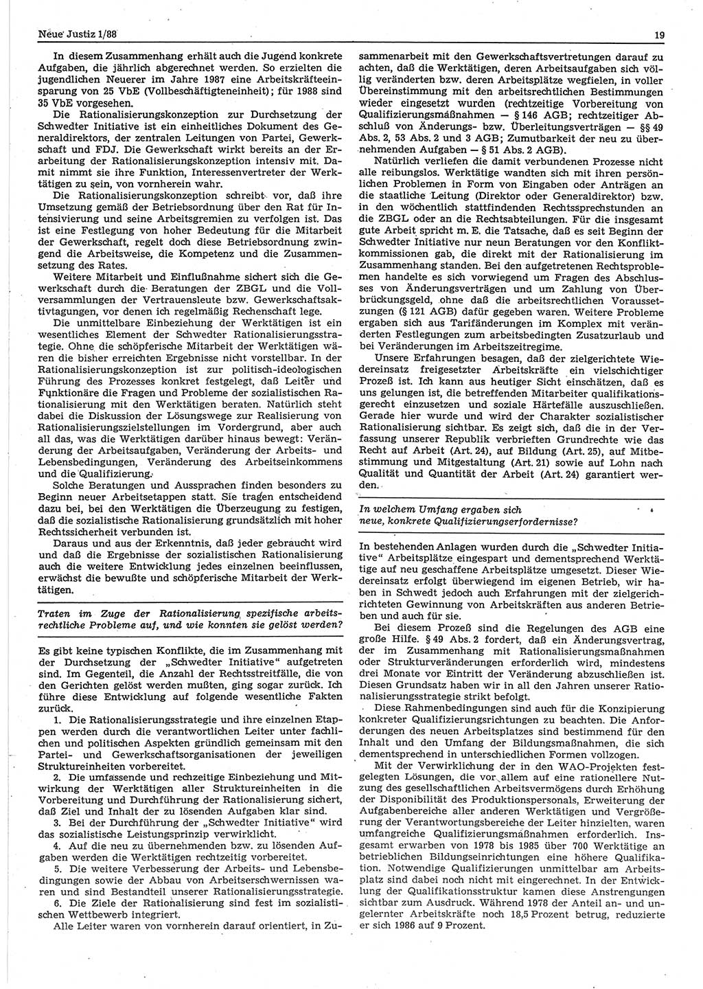 Neue Justiz (NJ), Zeitschrift für sozialistisches Recht und Gesetzlichkeit [Deutsche Demokratische Republik (DDR)], 42. Jahrgang 1988, Seite 19 (NJ DDR 1988, S. 19)
