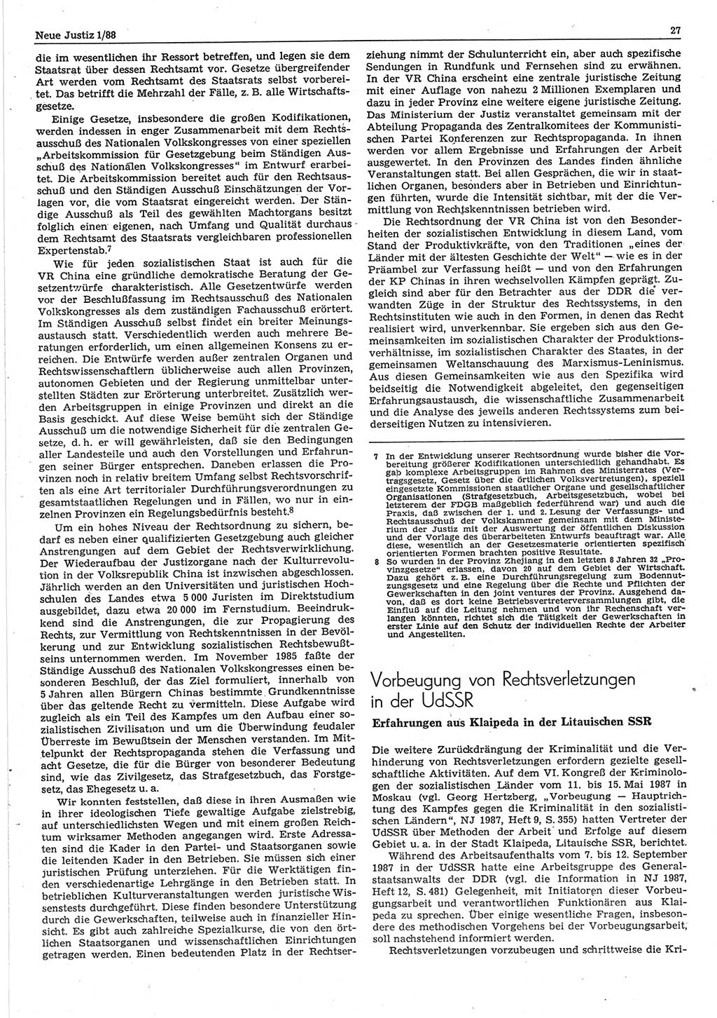 Neue Justiz (NJ), Zeitschrift für sozialistisches Recht und Gesetzlichkeit [Deutsche Demokratische Republik (DDR)], 42. Jahrgang 1988, Seite 27 (NJ DDR 1988, S. 27)