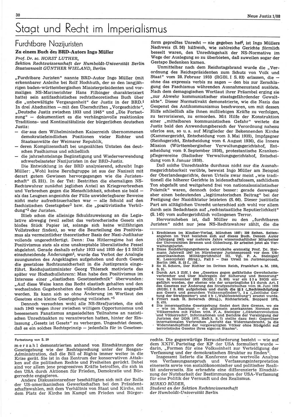 Neue Justiz (NJ), Zeitschrift für sozialistisches Recht und Gesetzlichkeit [Deutsche Demokratische Republik (DDR)], 42. Jahrgang 1988, Seite 30 (NJ DDR 1988, S. 30)