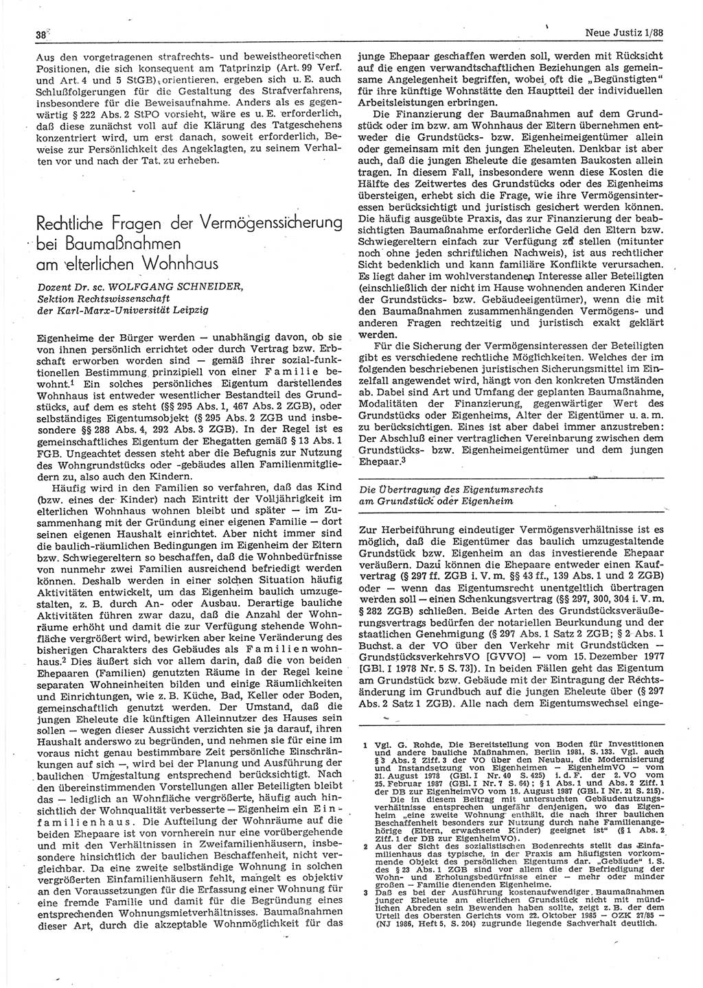 Neue Justiz (NJ), Zeitschrift für sozialistisches Recht und Gesetzlichkeit [Deutsche Demokratische Republik (DDR)], 42. Jahrgang 1988, Seite 38 (NJ DDR 1988, S. 38)