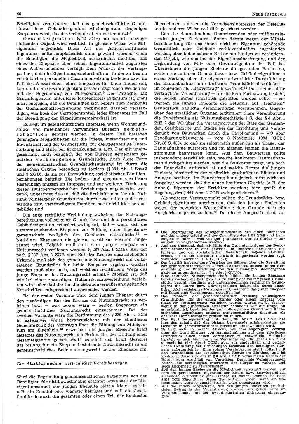 Neue Justiz (NJ), Zeitschrift für sozialistisches Recht und Gesetzlichkeit [Deutsche Demokratische Republik (DDR)], 42. Jahrgang 1988, Seite 40 (NJ DDR 1988, S. 40)