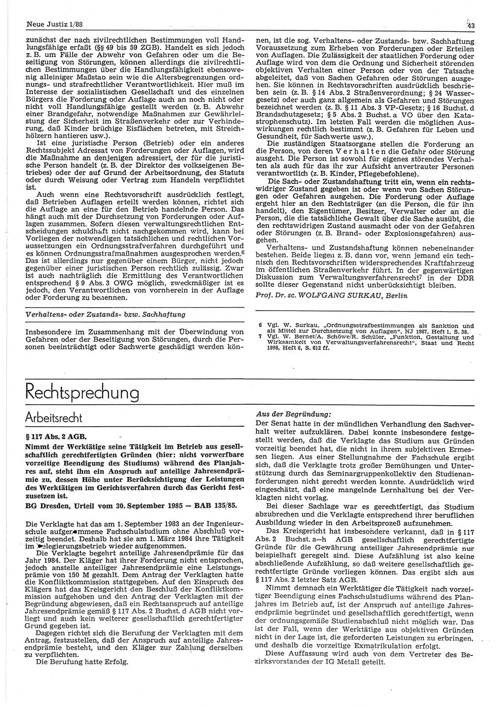 Neue Justiz (NJ), Zeitschrift für sozialistisches Recht und Gesetzlichkeit [Deutsche Demokratische Republik (DDR)], 42. Jahrgang 1988, Seite 43 (NJ DDR 1988, S. 43)