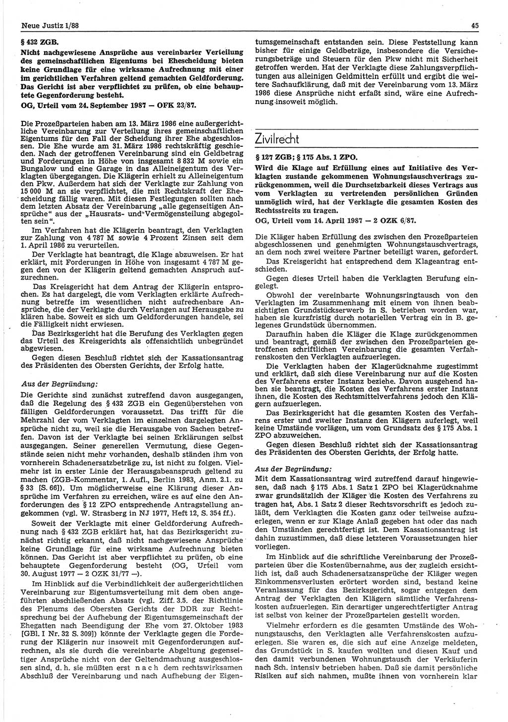 Neue Justiz (NJ), Zeitschrift für sozialistisches Recht und Gesetzlichkeit [Deutsche Demokratische Republik (DDR)], 42. Jahrgang 1988, Seite 45 (NJ DDR 1988, S. 45)
