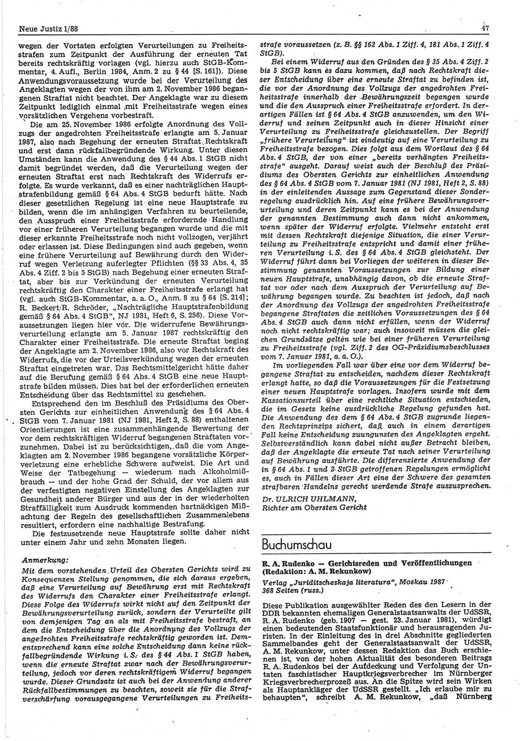 Neue Justiz (NJ), Zeitschrift für sozialistisches Recht und Gesetzlichkeit [Deutsche Demokratische Republik (DDR)], 42. Jahrgang 1988, Seite 47 (NJ DDR 1988, S. 47)