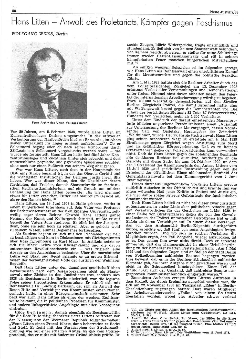 Neue Justiz (NJ), Zeitschrift für sozialistisches Recht und Gesetzlichkeit [Deutsche Demokratische Republik (DDR)], 42. Jahrgang 1988, Seite 58 (NJ DDR 1988, S. 58)