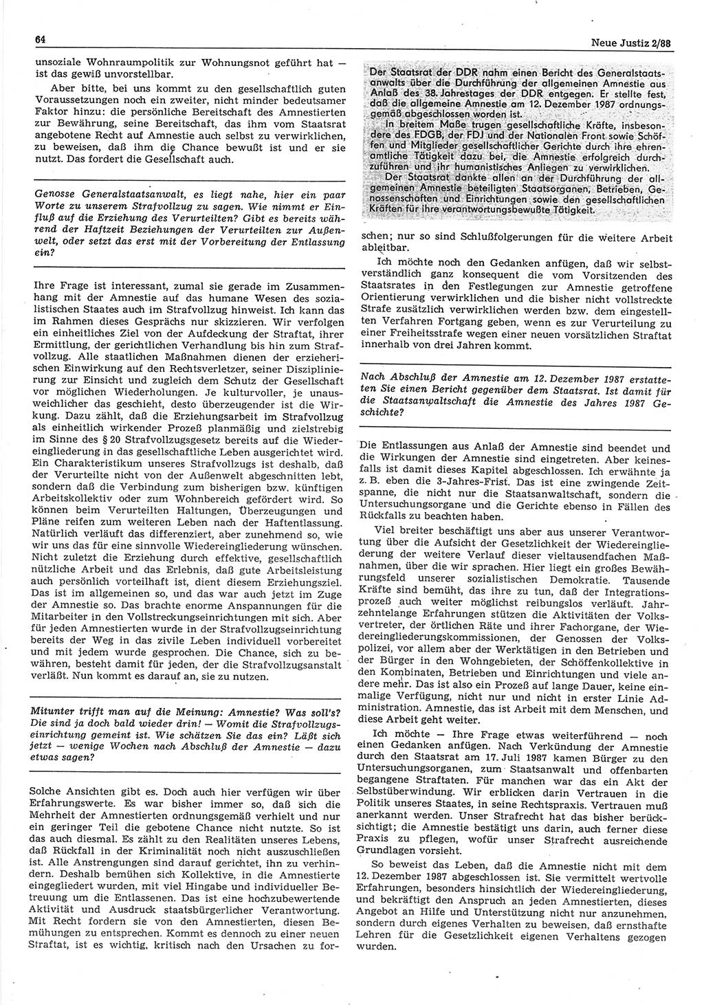 Neue Justiz (NJ), Zeitschrift für sozialistisches Recht und Gesetzlichkeit [Deutsche Demokratische Republik (DDR)], 42. Jahrgang 1988, Seite 64 (NJ DDR 1988, S. 64)