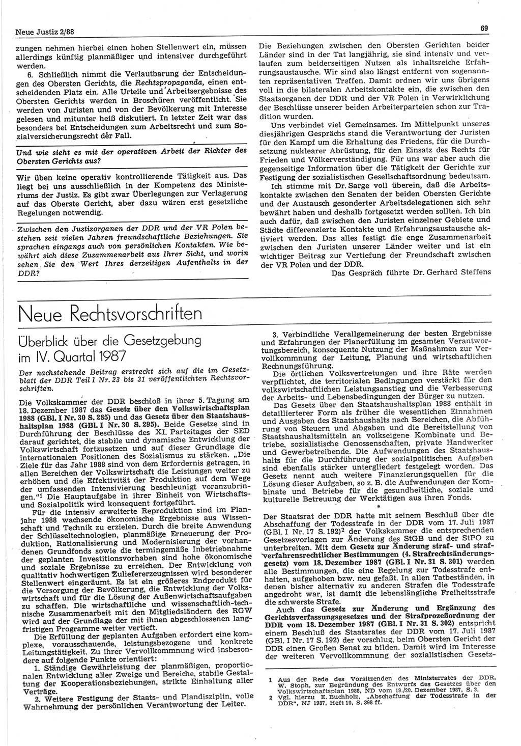 Neue Justiz (NJ), Zeitschrift für sozialistisches Recht und Gesetzlichkeit [Deutsche Demokratische Republik (DDR)], 42. Jahrgang 1988, Seite 69 (NJ DDR 1988, S. 69)