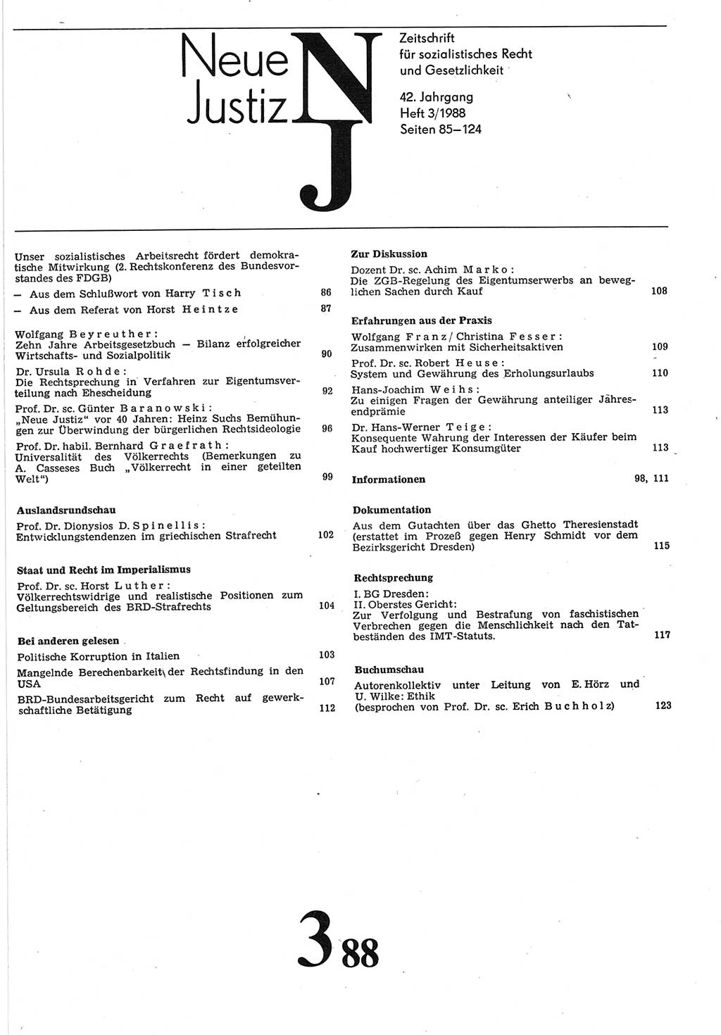 Neue Justiz (NJ), Zeitschrift für sozialistisches Recht und Gesetzlichkeit [Deutsche Demokratische Republik (DDR)], 42. Jahrgang 1988, Seite 85 (NJ DDR 1988, S. 85)