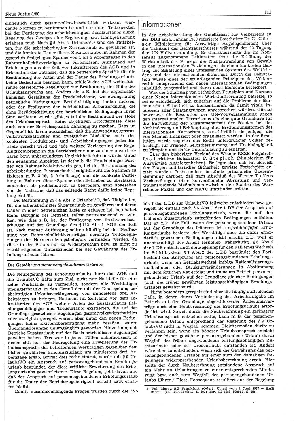 Neue Justiz (NJ), Zeitschrift für sozialistisches Recht und Gesetzlichkeit [Deutsche Demokratische Republik (DDR)], 42. Jahrgang 1988, Seite 111 (NJ DDR 1988, S. 111)