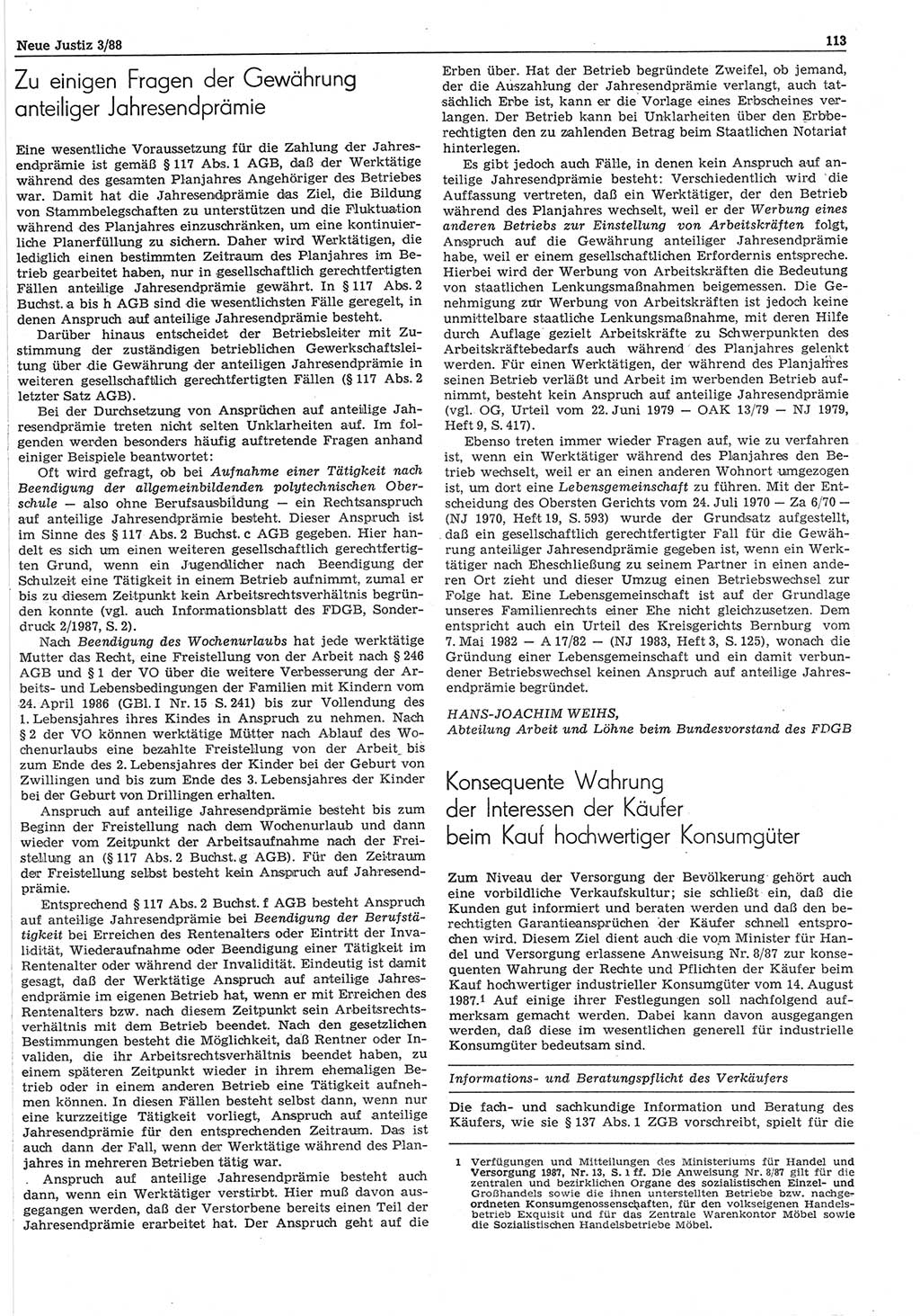 Neue Justiz (NJ), Zeitschrift für sozialistisches Recht und Gesetzlichkeit [Deutsche Demokratische Republik (DDR)], 42. Jahrgang 1988, Seite 113 (NJ DDR 1988, S. 113)