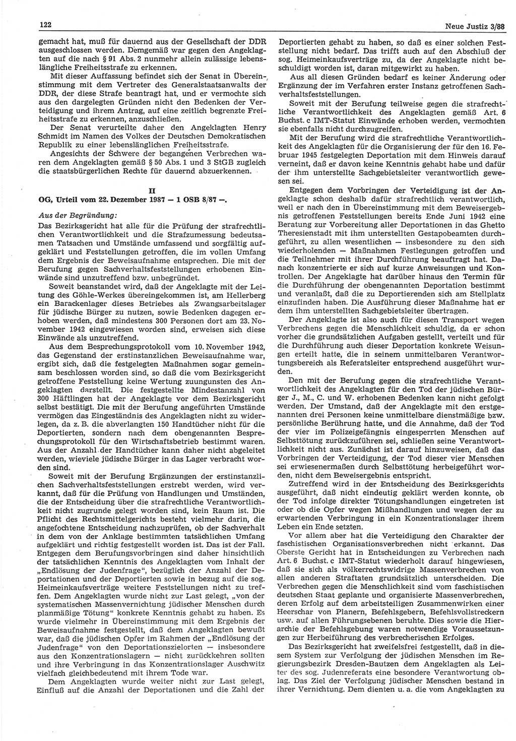 Neue Justiz (NJ), Zeitschrift für sozialistisches Recht und Gesetzlichkeit [Deutsche Demokratische Republik (DDR)], 42. Jahrgang 1988, Seite 122 (NJ DDR 1988, S. 122)
