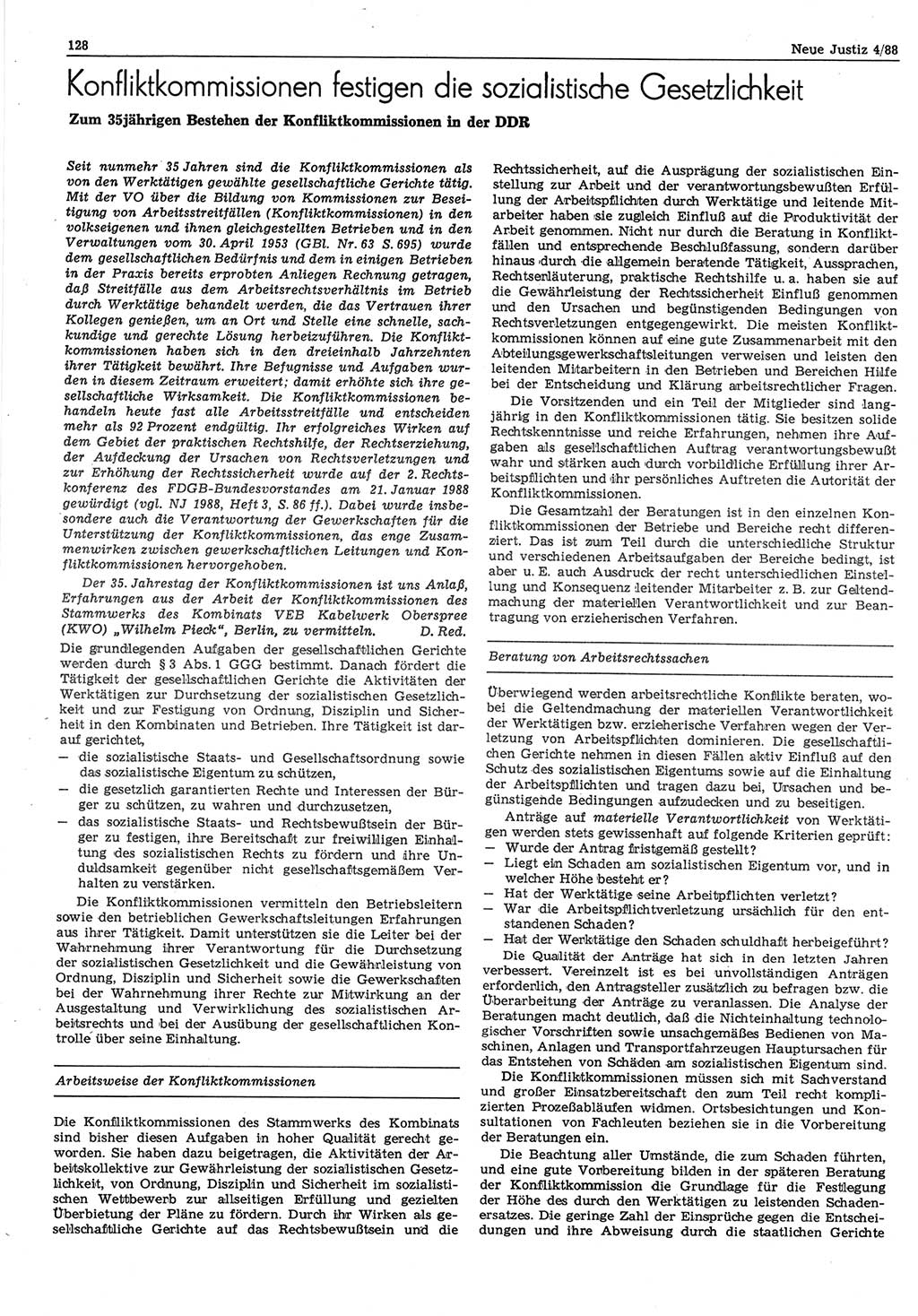 Neue Justiz (NJ), Zeitschrift für sozialistisches Recht und Gesetzlichkeit [Deutsche Demokratische Republik (DDR)], 42. Jahrgang 1988, Seite 128 (NJ DDR 1988, S. 128)