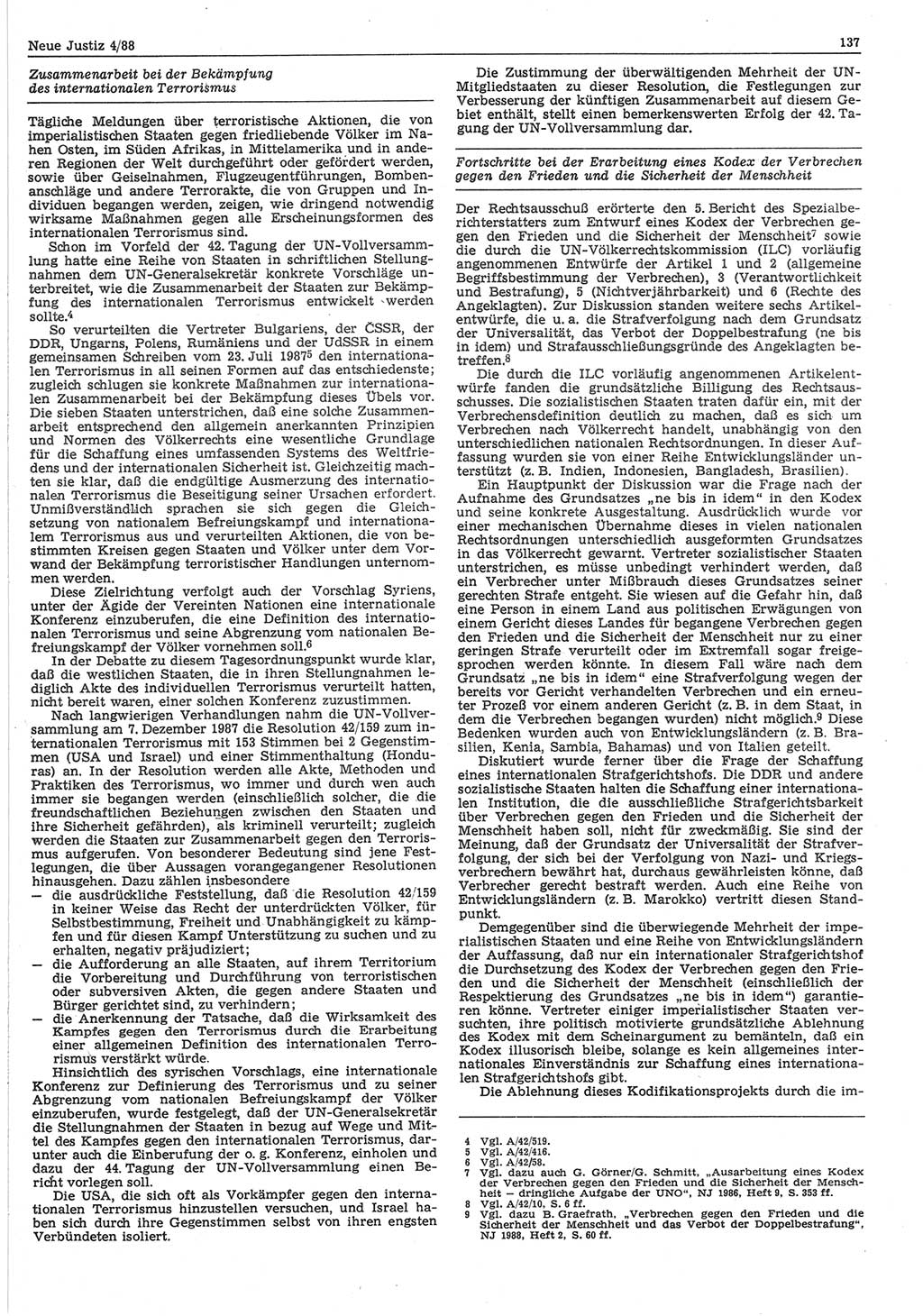 Neue Justiz (NJ), Zeitschrift für sozialistisches Recht und Gesetzlichkeit [Deutsche Demokratische Republik (DDR)], 42. Jahrgang 1988, Seite 137 (NJ DDR 1988, S. 137)