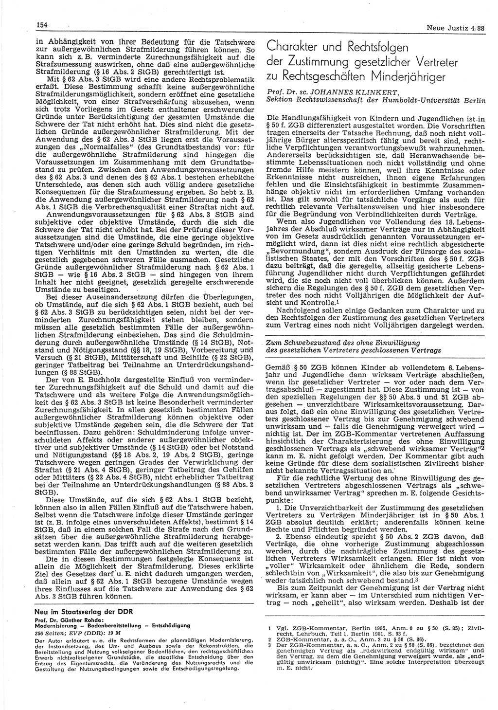 Neue Justiz (NJ), Zeitschrift für sozialistisches Recht und Gesetzlichkeit [Deutsche Demokratische Republik (DDR)], 42. Jahrgang 1988, Seite 154 (NJ DDR 1988, S. 154)