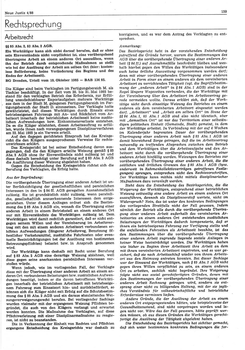 Neue Justiz (NJ), Zeitschrift für sozialistisches Recht und Gesetzlichkeit [Deutsche Demokratische Republik (DDR)], 42. Jahrgang 1988, Seite 159 (NJ DDR 1988, S. 159)