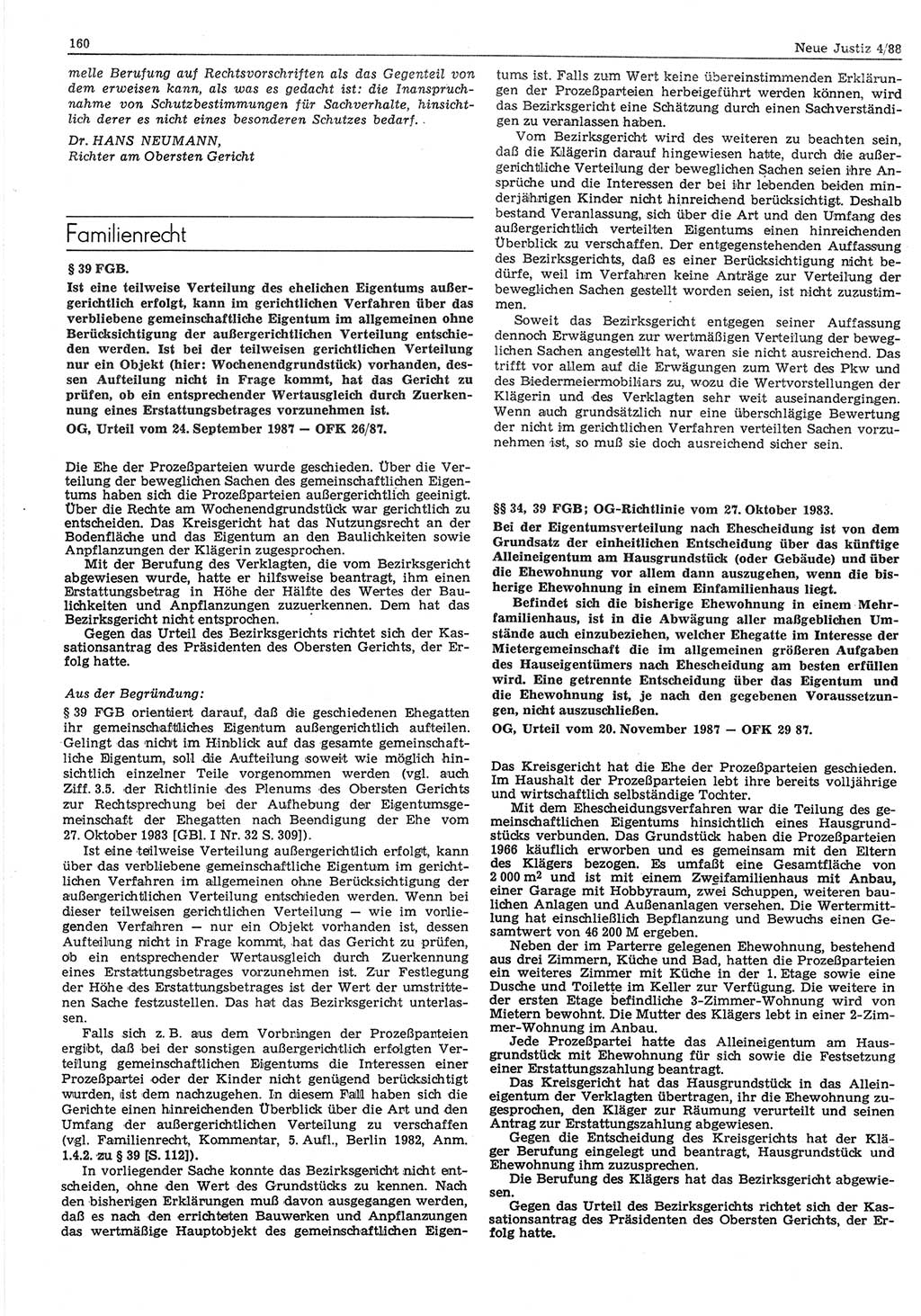 Neue Justiz (NJ), Zeitschrift für sozialistisches Recht und Gesetzlichkeit [Deutsche Demokratische Republik (DDR)], 42. Jahrgang 1988, Seite 160 (NJ DDR 1988, S. 160)