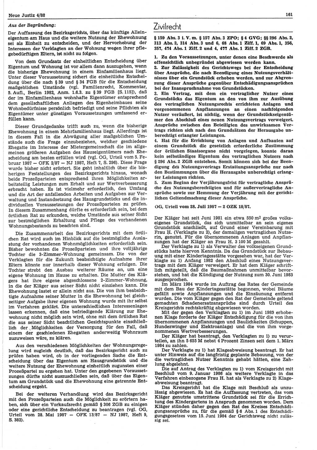 Neue Justiz (NJ), Zeitschrift für sozialistisches Recht und Gesetzlichkeit [Deutsche Demokratische Republik (DDR)], 42. Jahrgang 1988, Seite 161 (NJ DDR 1988, S. 161)