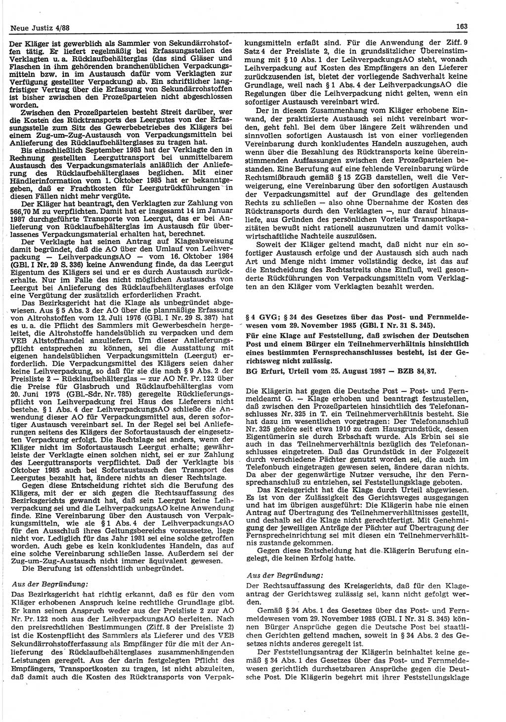 Neue Justiz (NJ), Zeitschrift für sozialistisches Recht und Gesetzlichkeit [Deutsche Demokratische Republik (DDR)], 42. Jahrgang 1988, Seite 163 (NJ DDR 1988, S. 163)