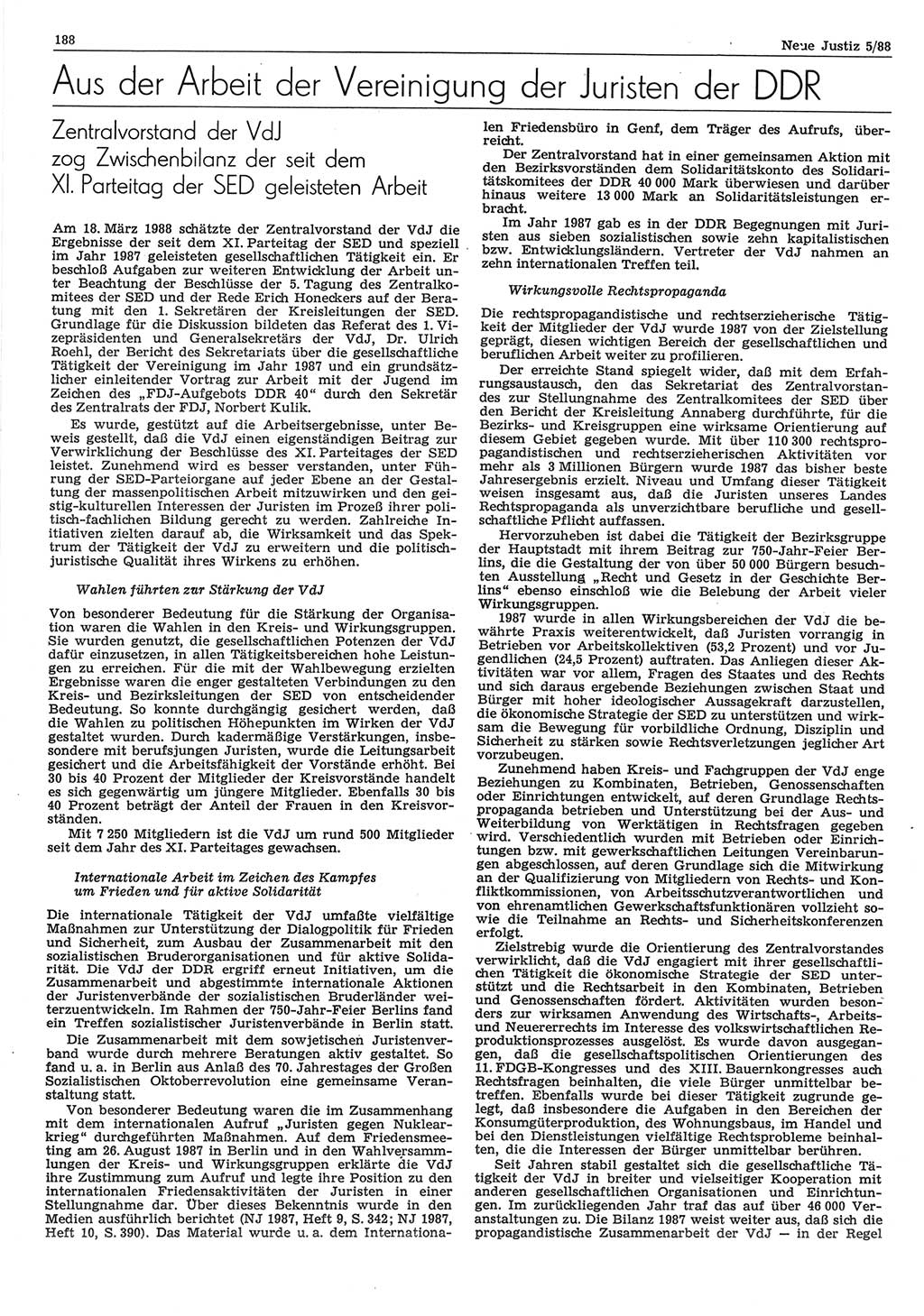 Neue Justiz (NJ), Zeitschrift für sozialistisches Recht und Gesetzlichkeit [Deutsche Demokratische Republik (DDR)], 42. Jahrgang 1988, Seite 188 (NJ DDR 1988, S. 188)
