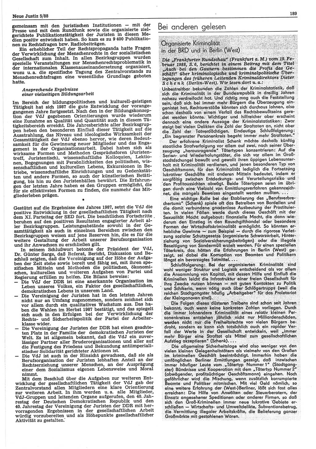 Neue Justiz (NJ), Zeitschrift für sozialistisches Recht und Gesetzlichkeit [Deutsche Demokratische Republik (DDR)], 42. Jahrgang 1988, Seite 189 (NJ DDR 1988, S. 189)