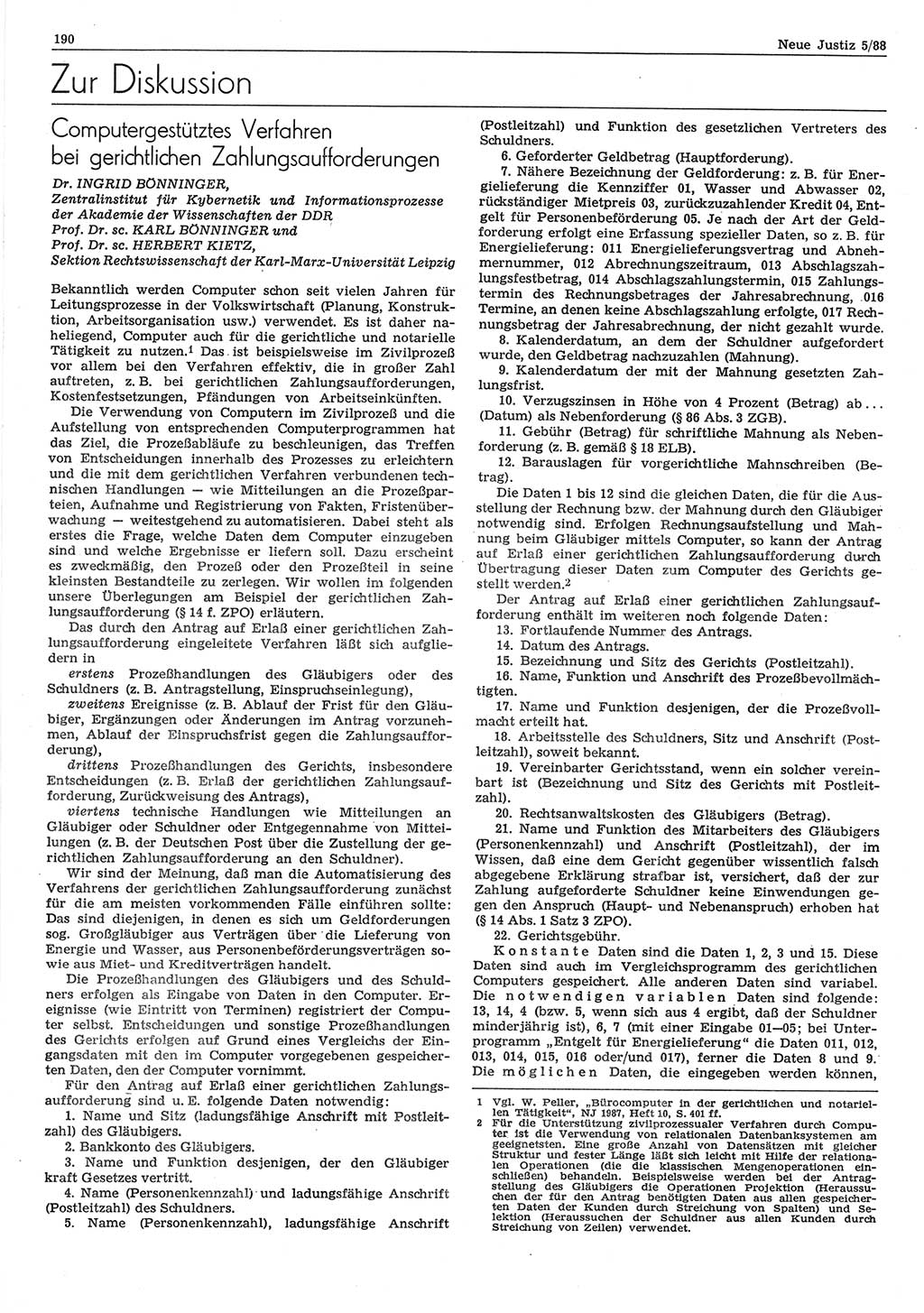 Neue Justiz (NJ), Zeitschrift für sozialistisches Recht und Gesetzlichkeit [Deutsche Demokratische Republik (DDR)], 42. Jahrgang 1988, Seite 190 (NJ DDR 1988, S. 190)