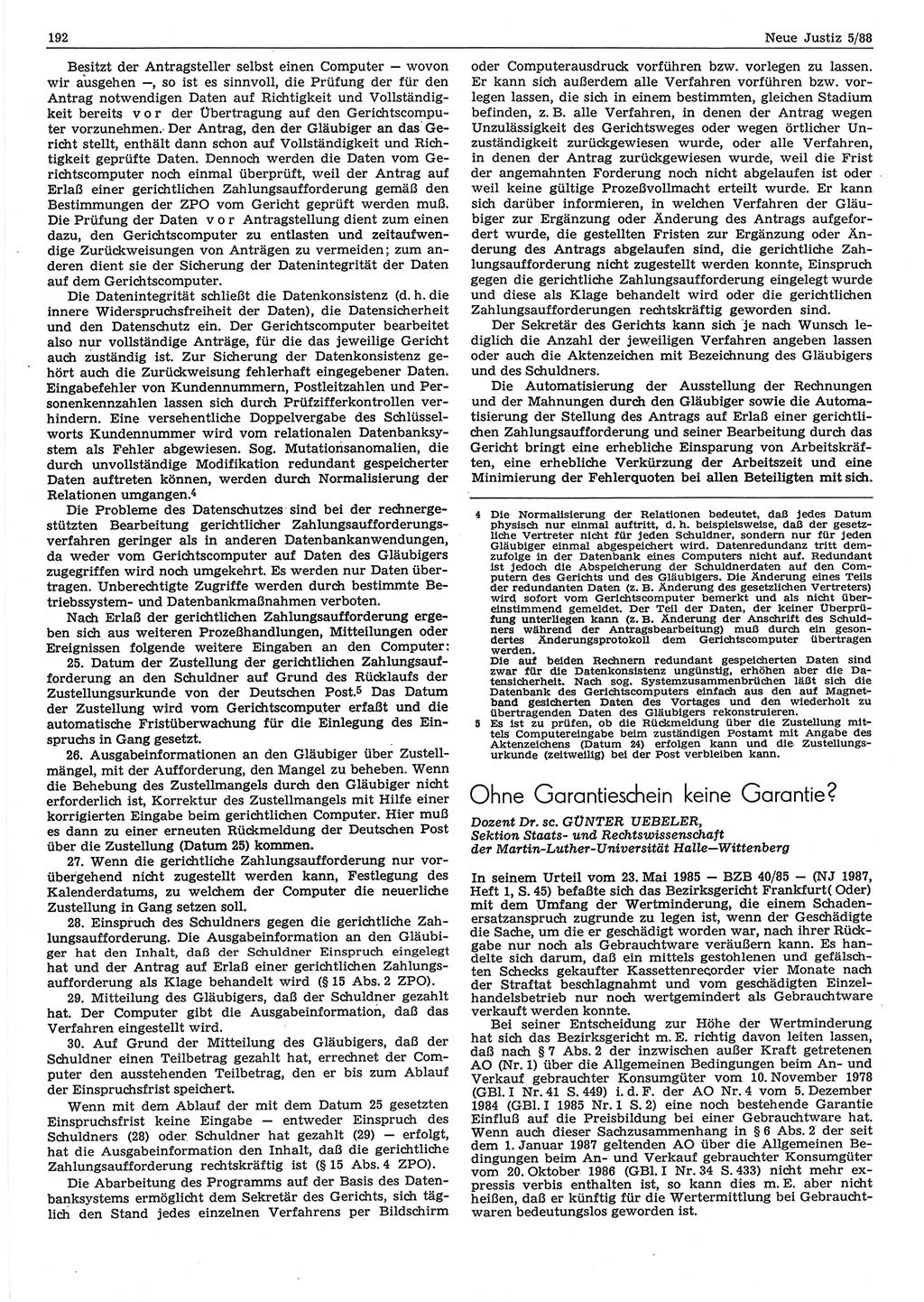 Neue Justiz (NJ), Zeitschrift für sozialistisches Recht und Gesetzlichkeit [Deutsche Demokratische Republik (DDR)], 42. Jahrgang 1988, Seite 192 (NJ DDR 1988, S. 192)