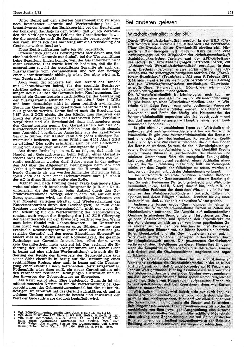 Neue Justiz (NJ), Zeitschrift für sozialistisches Recht und Gesetzlichkeit [Deutsche Demokratische Republik (DDR)], 42. Jahrgang 1988, Seite 193 (NJ DDR 1988, S. 193)