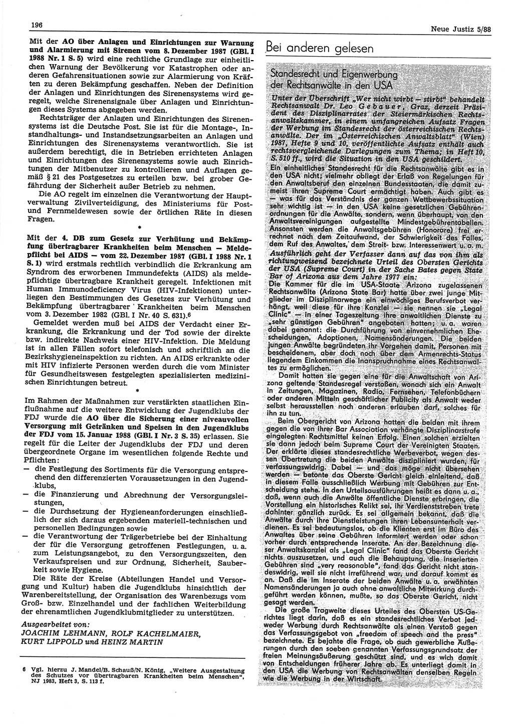 Neue Justiz (NJ), Zeitschrift für sozialistisches Recht und Gesetzlichkeit [Deutsche Demokratische Republik (DDR)], 42. Jahrgang 1988, Seite 196 (NJ DDR 1988, S. 196)