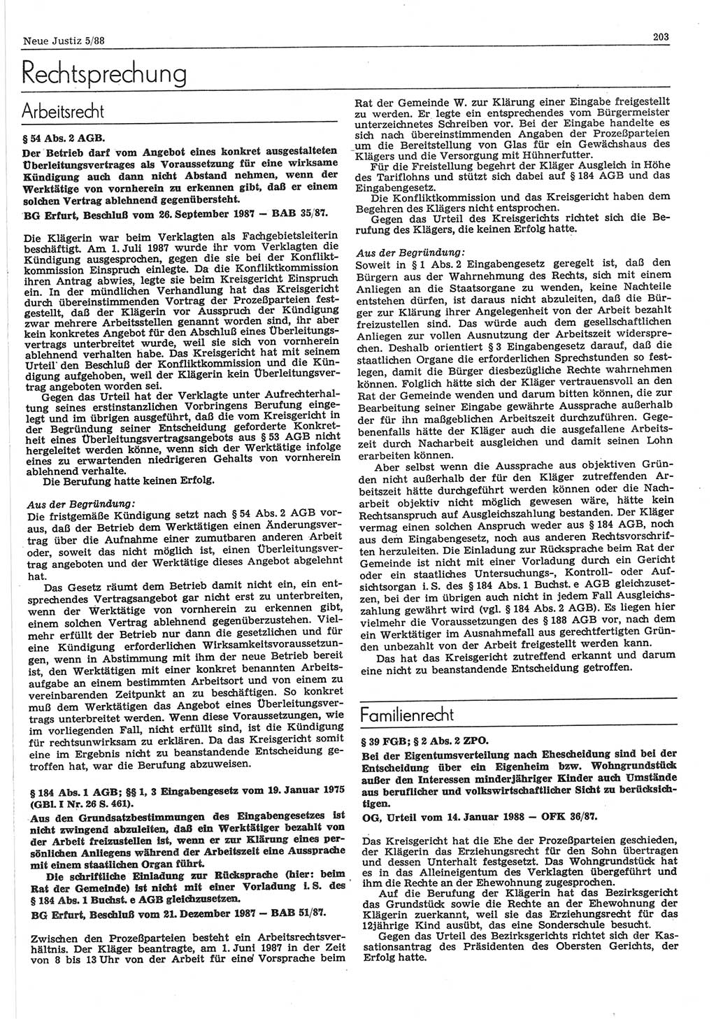 Neue Justiz (NJ), Zeitschrift für sozialistisches Recht und Gesetzlichkeit [Deutsche Demokratische Republik (DDR)], 42. Jahrgang 1988, Seite 203 (NJ DDR 1988, S. 203)